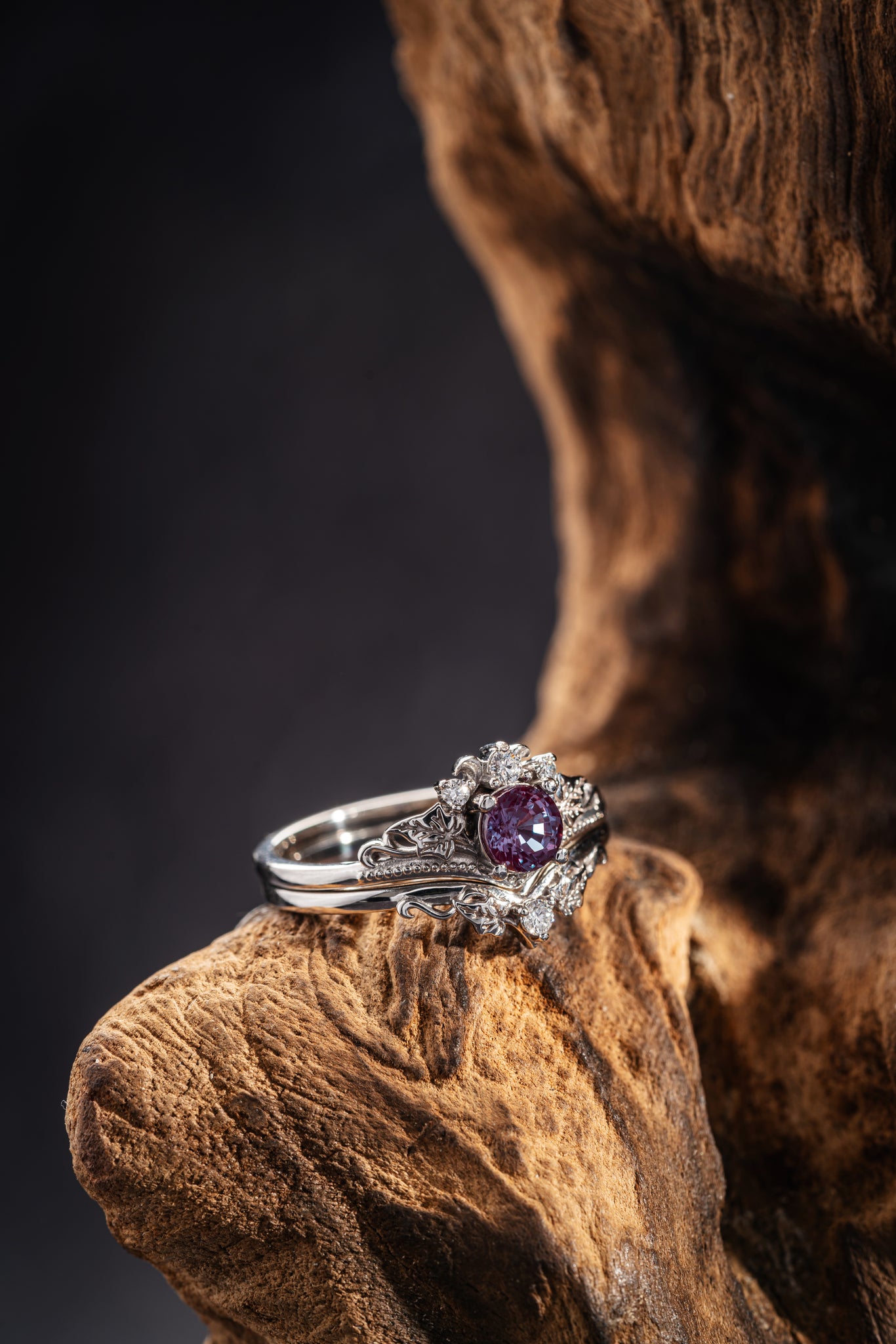 Colour changing alexandrite engagement ring set, fantasy white gold bridal ring set with diamonds  / Ariadne