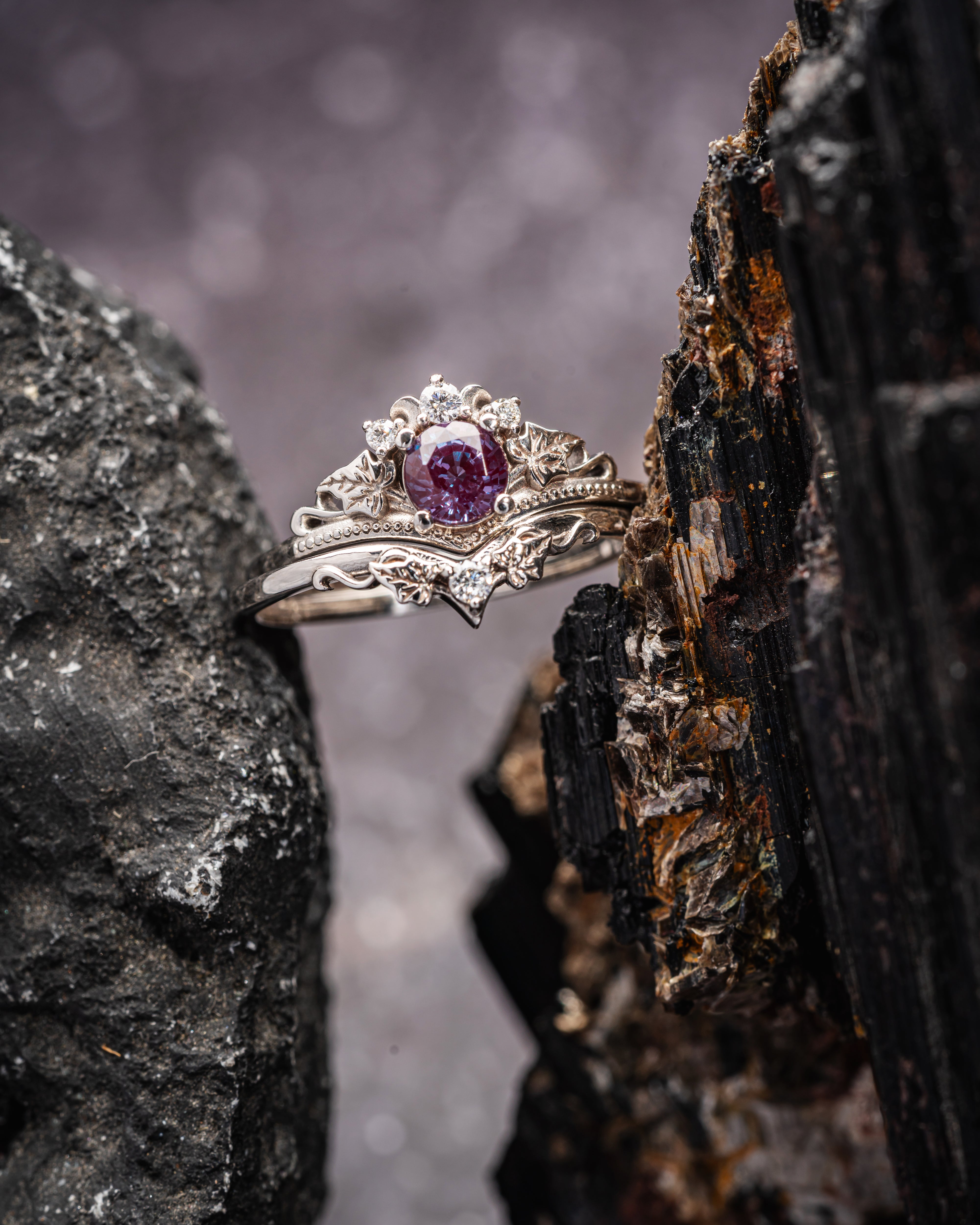 Colour changing alexandrite engagement ring set, fantasy white gold bridal ring set with diamonds  / Ariadne - Eden Garden Jewelry™