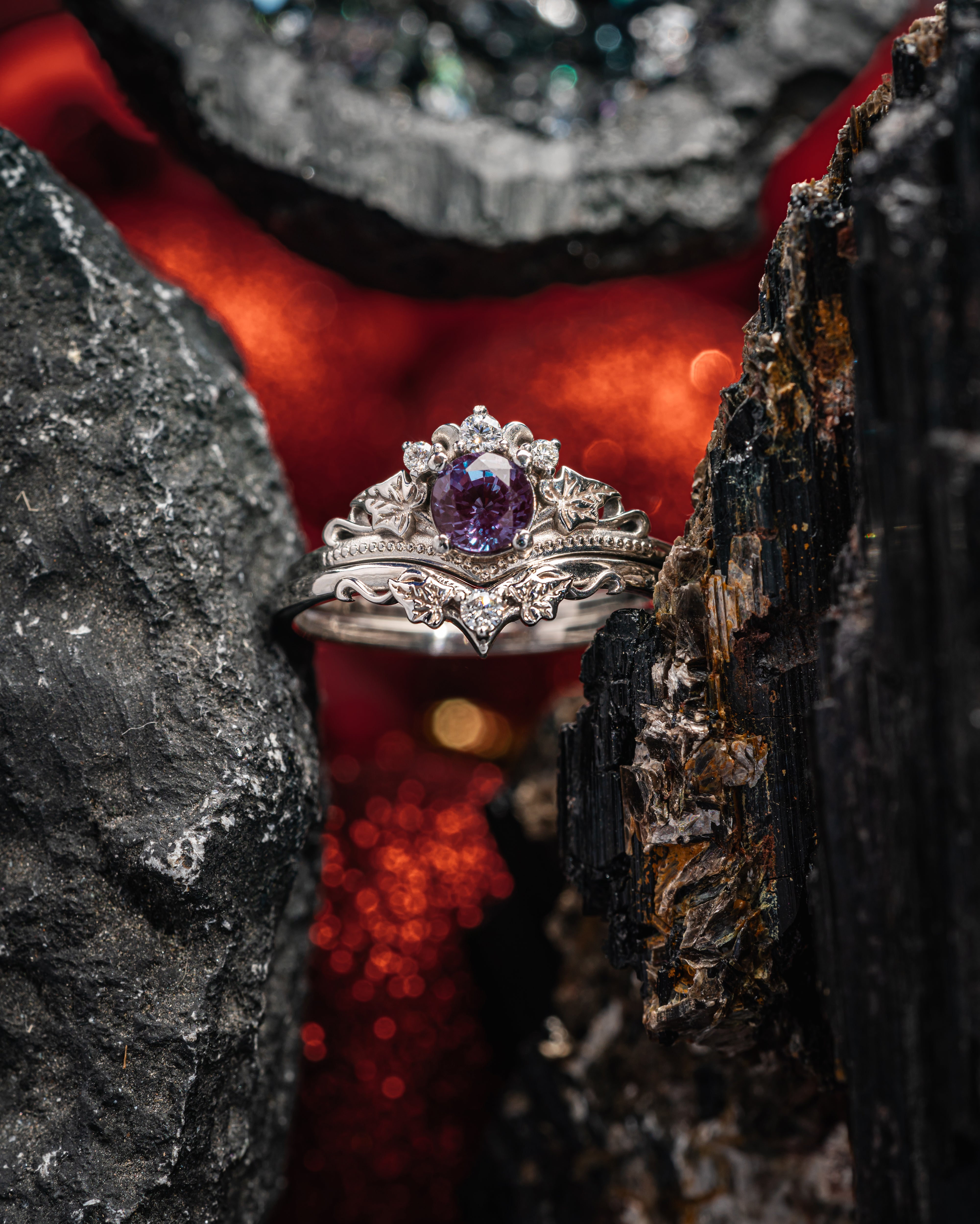 Colour changing alexandrite engagement ring set, fantasy white gold bridal ring set with diamonds  / Ariadne - Eden Garden Jewelry™