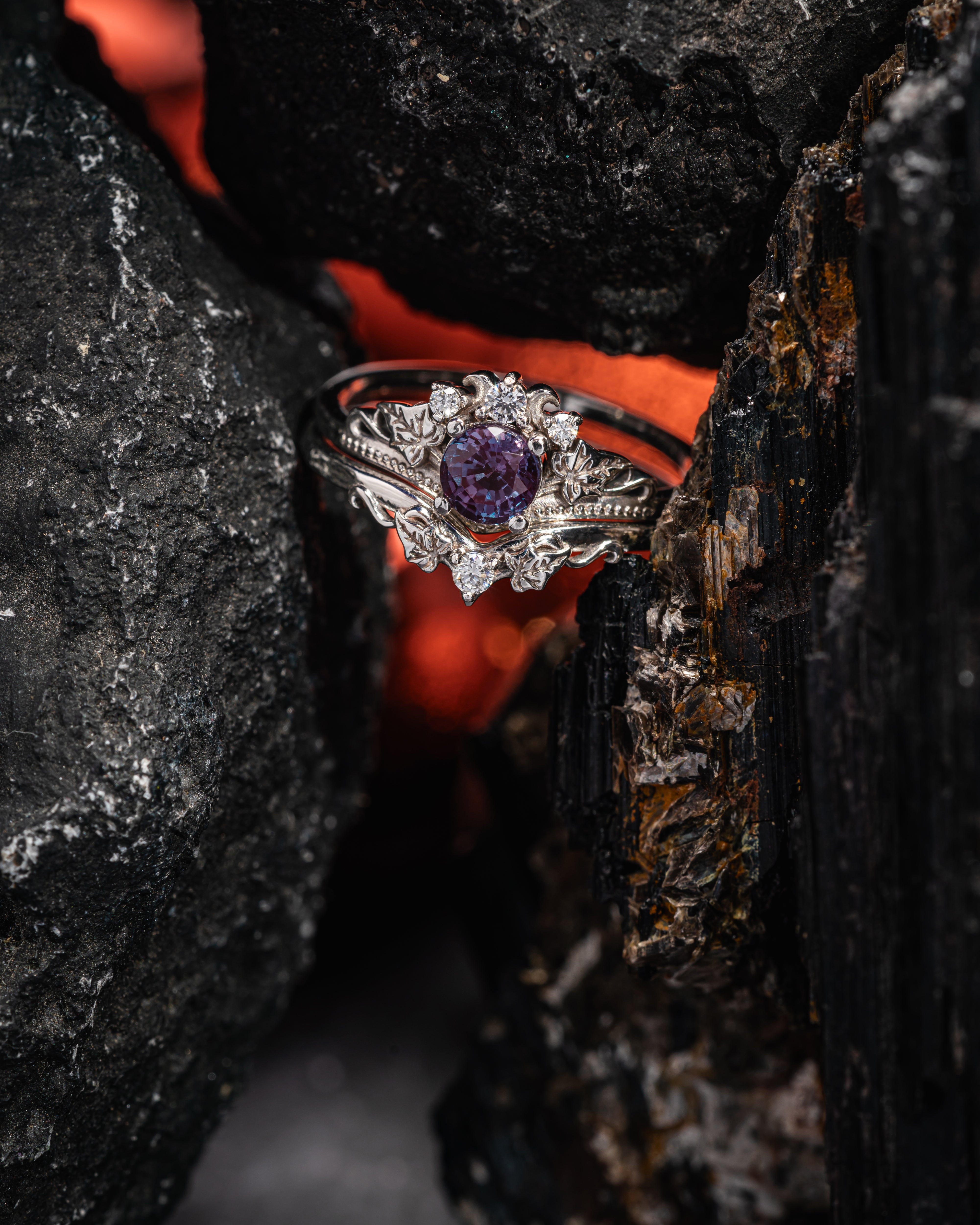 Colour changing alexandrite engagement ring set, fantasy white gold bridal ring set with diamonds  / Ariadne - Eden Garden Jewelry™