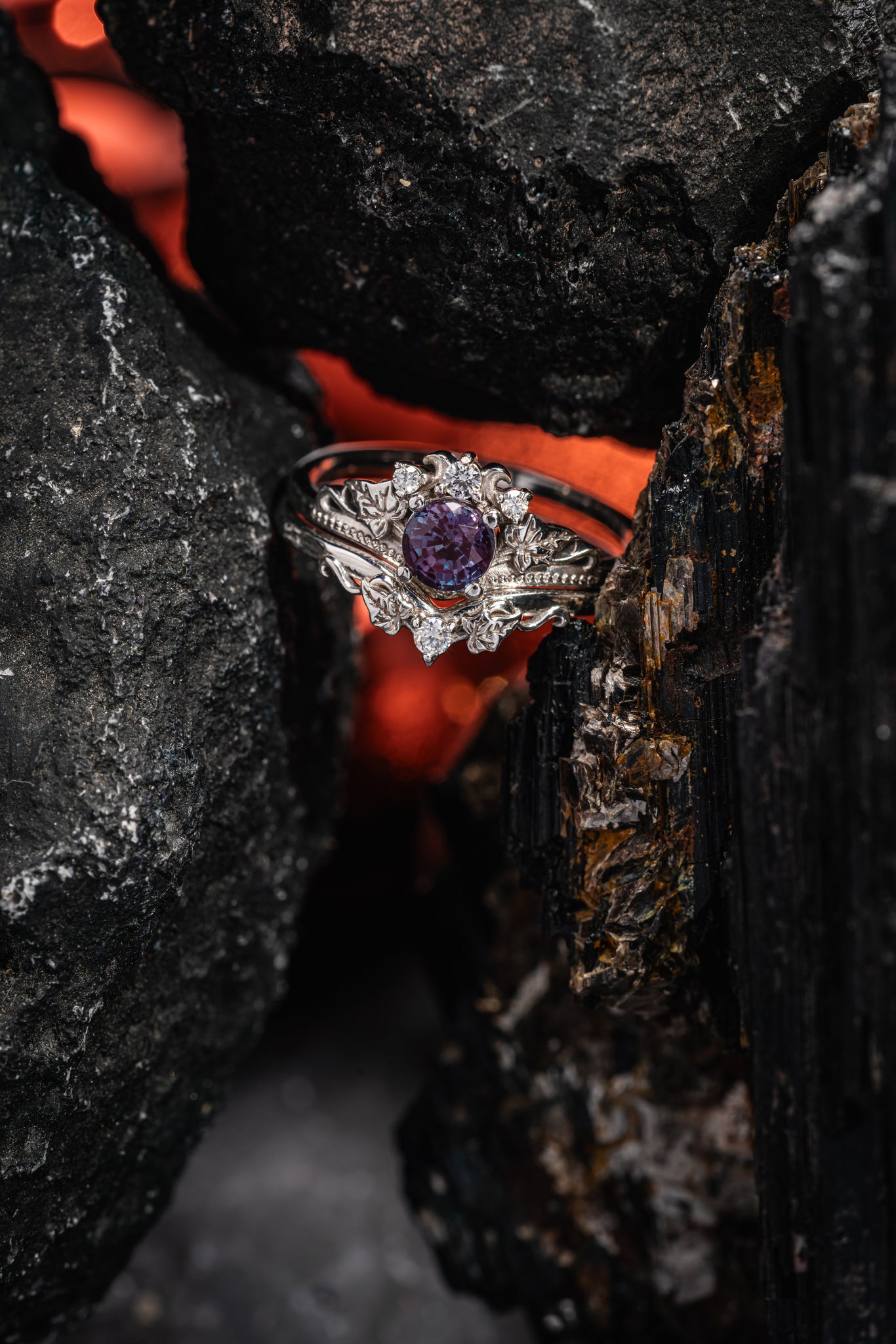 Colour changing alexandrite engagement ring set, fantasy white gold bridal ring set with diamonds  / Ariadne