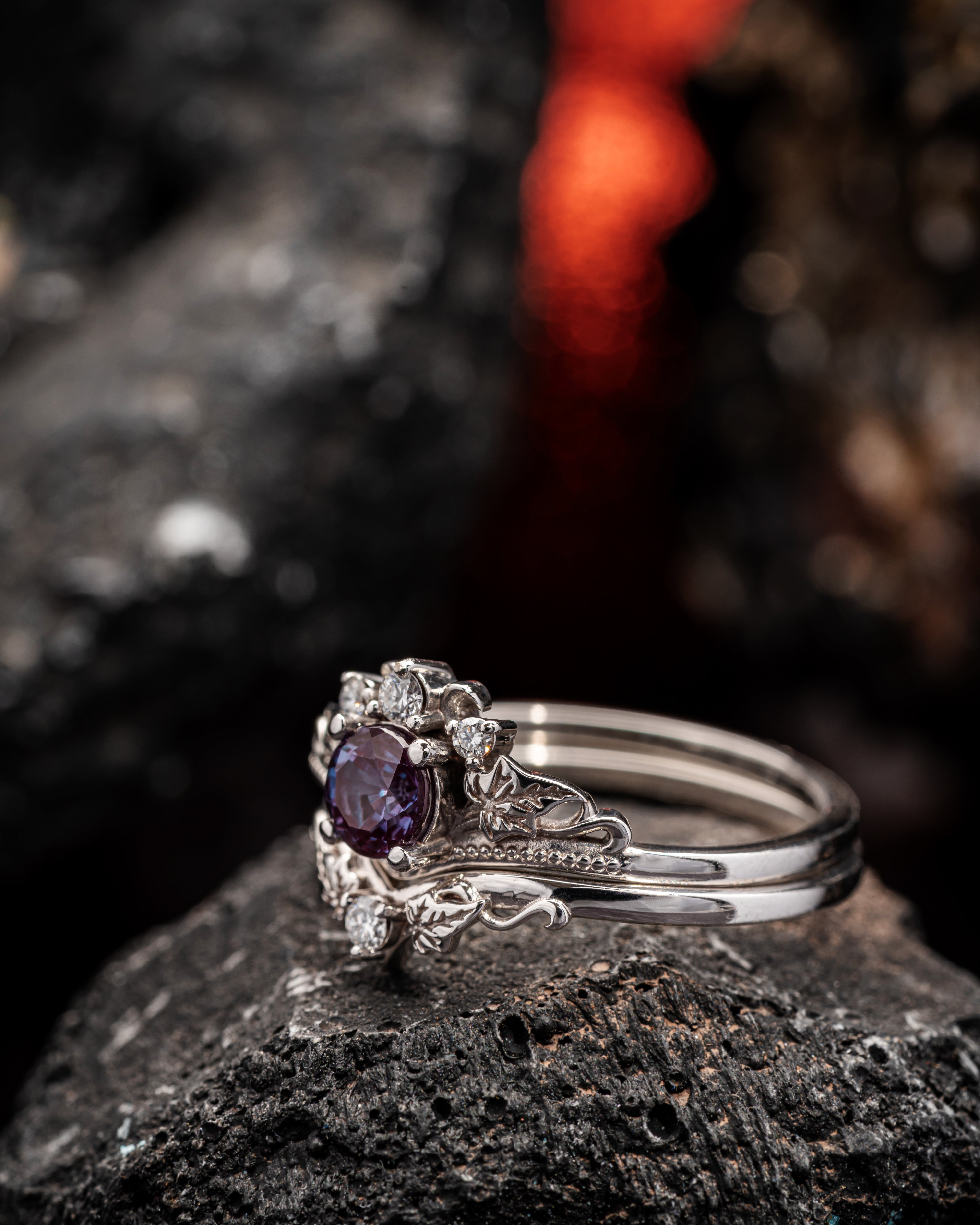 Colour changing alexandrite engagement ring set, fantasy white gold bridal ring set with diamonds  / Ariadne - Eden Garden Jewelry™