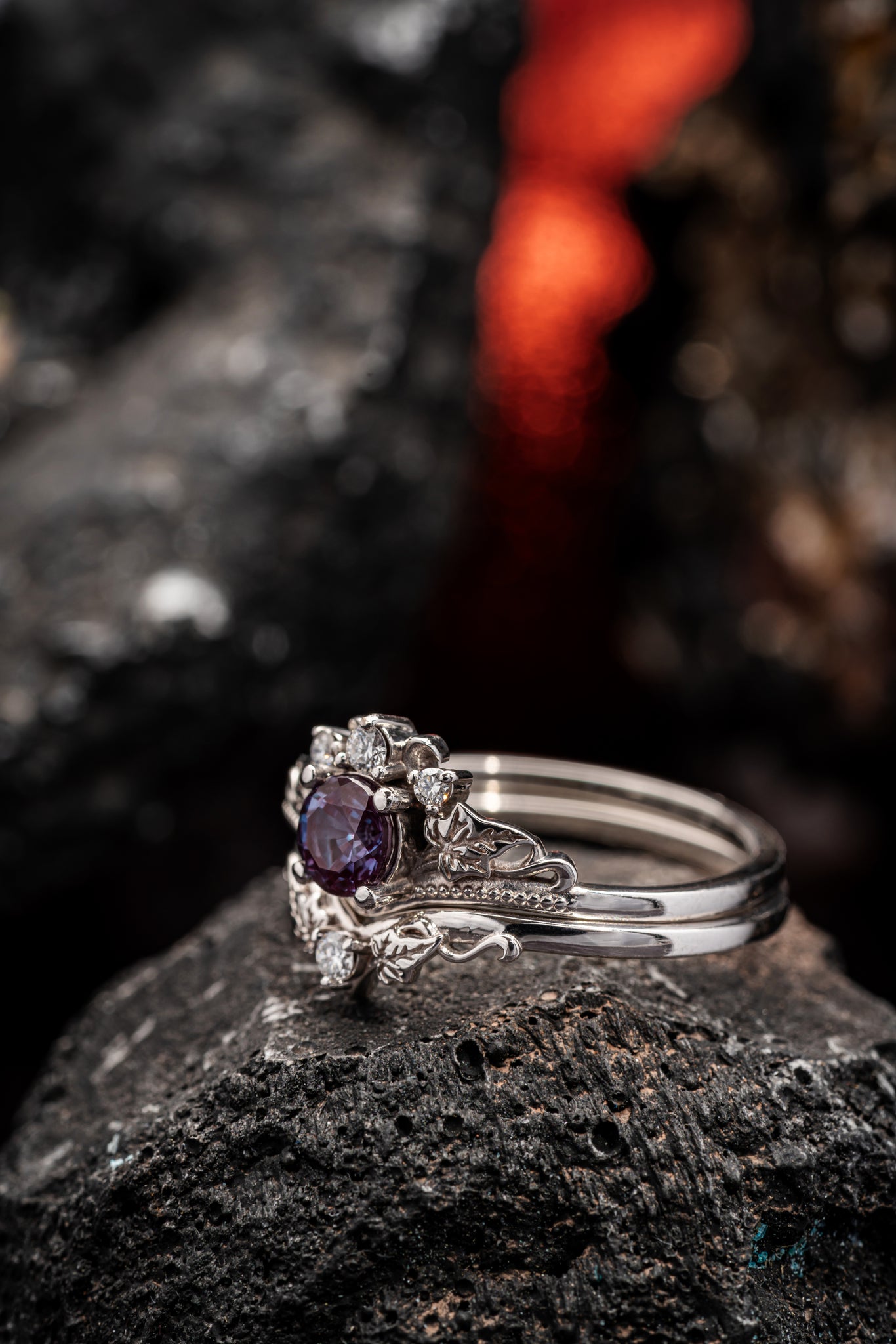 Colour changing alexandrite engagement ring set, fantasy white gold bridal ring set with diamonds  / Ariadne