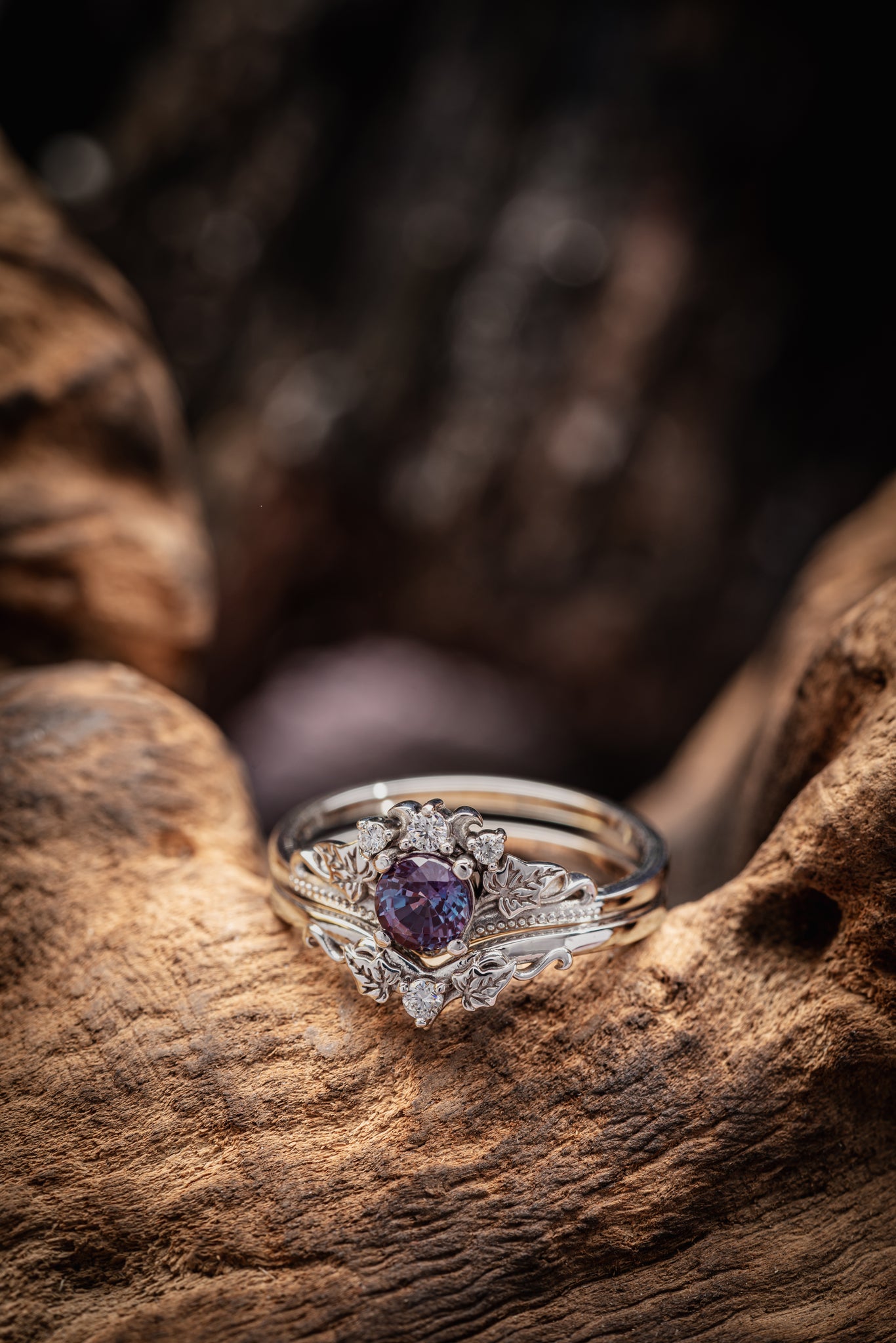 READY TO SHIP: Ariadne ring set with colour change alexandrite, two rings in 14K white gold with natural diamonds, AVAILABLE RING SIZES: 7.75 US