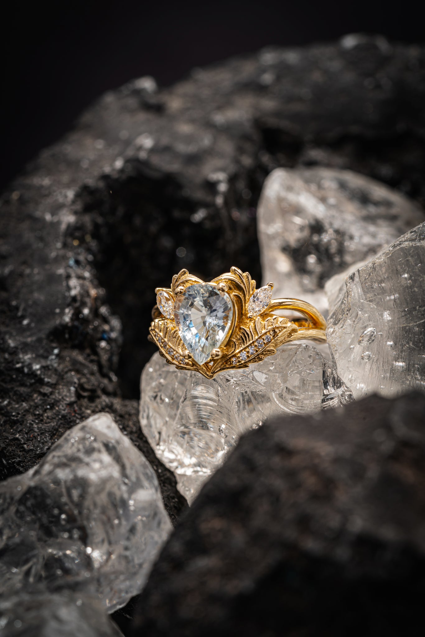 Light blue sapphire engagement ring, gold nature themed proposal ring / Adonis