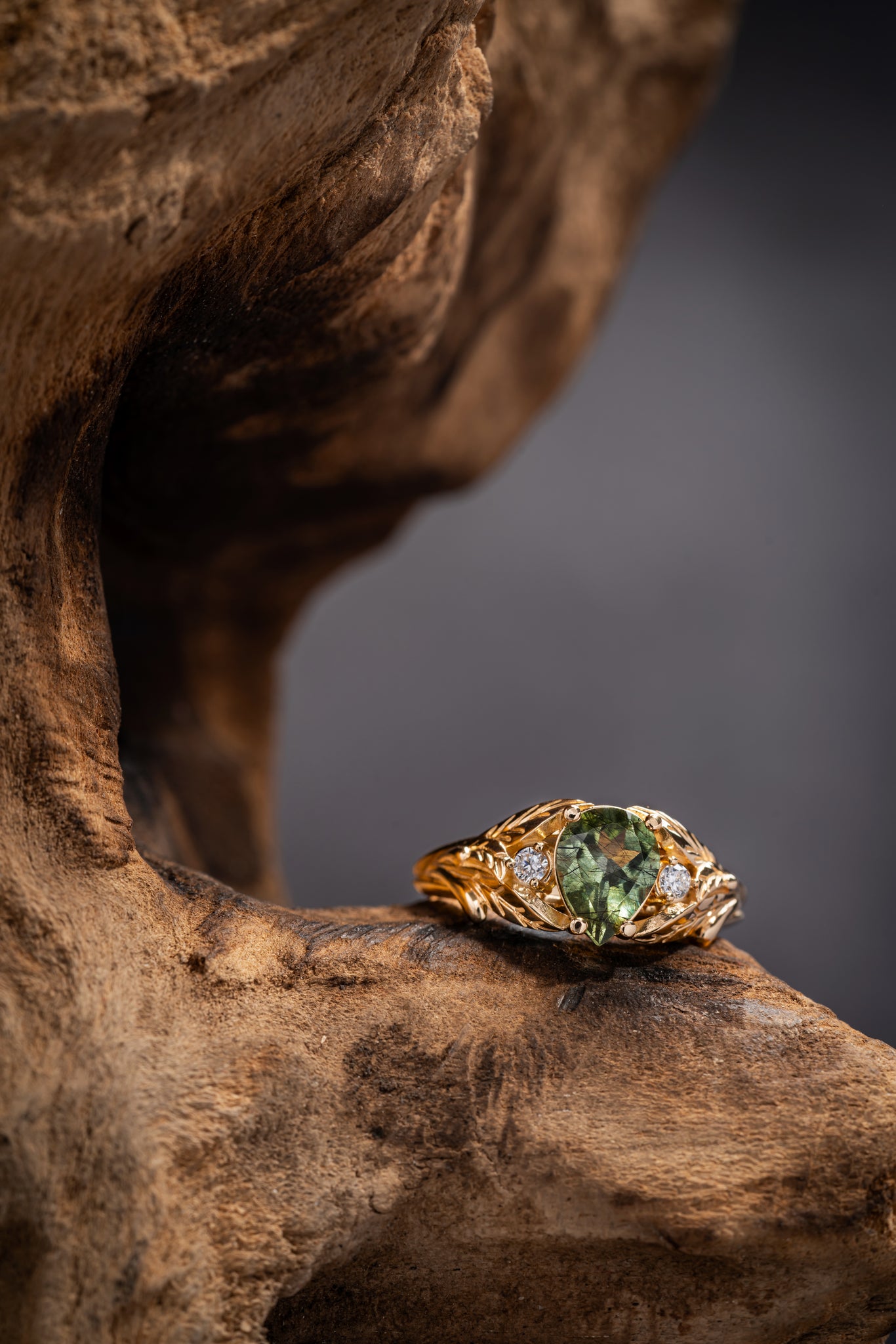 Gold leaf ring with one-of-kind rutilated green peridot and diamonds / Wisteria