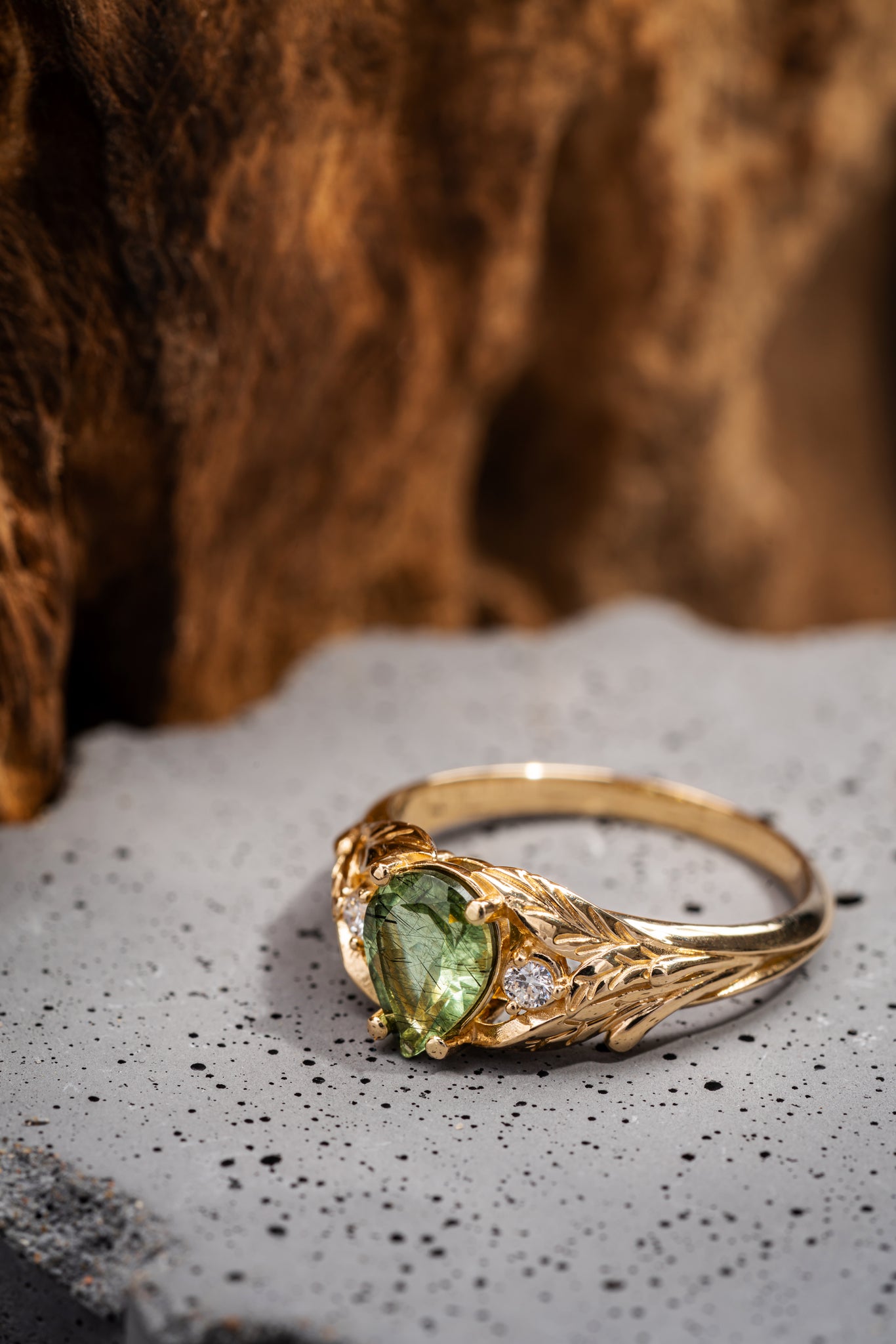 Gold leaf ring with one-of-kind rutilated green peridot and diamonds / Wisteria