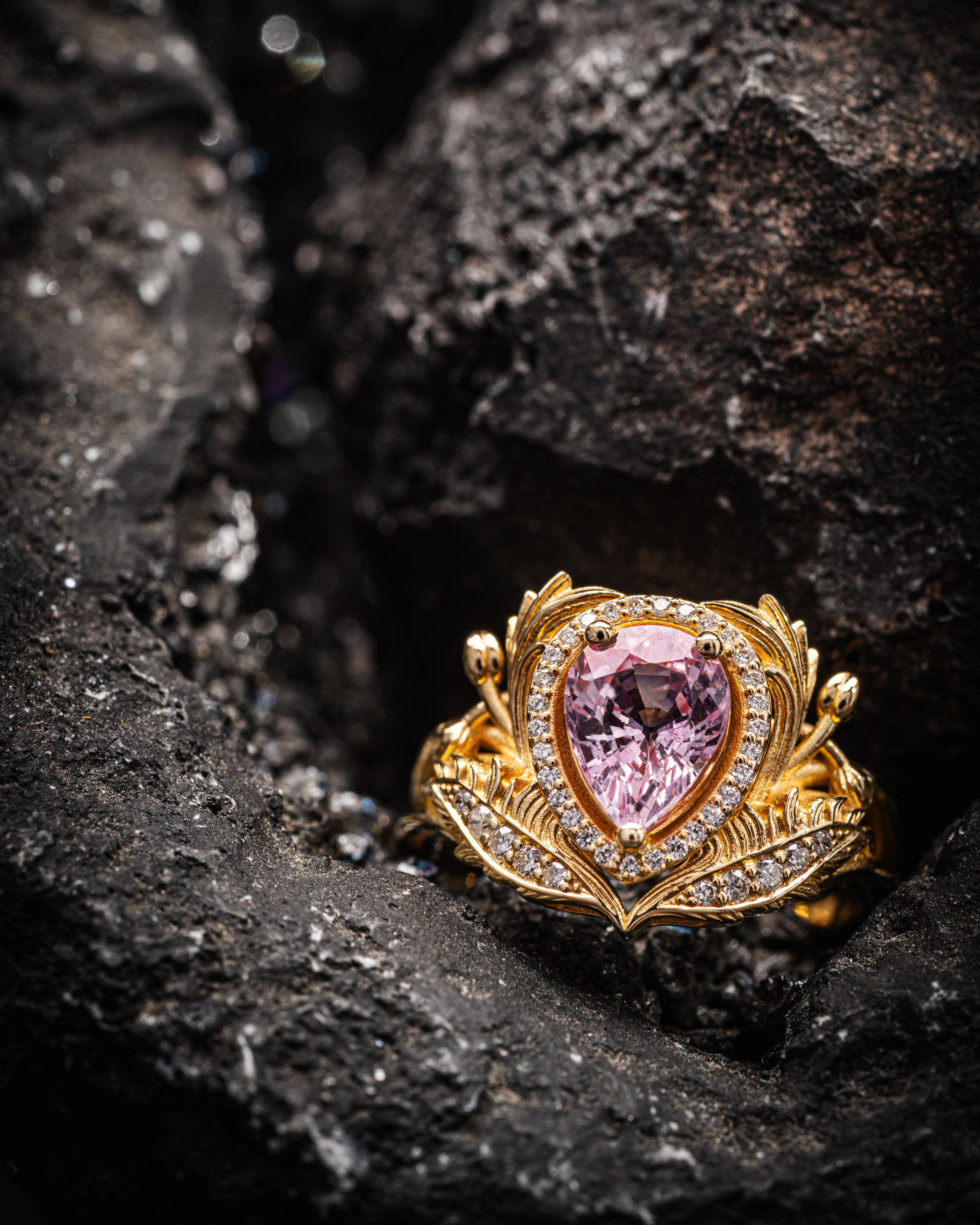 Pink Sapphire Engagement Ring Diamond Halo Ring Statement Ring