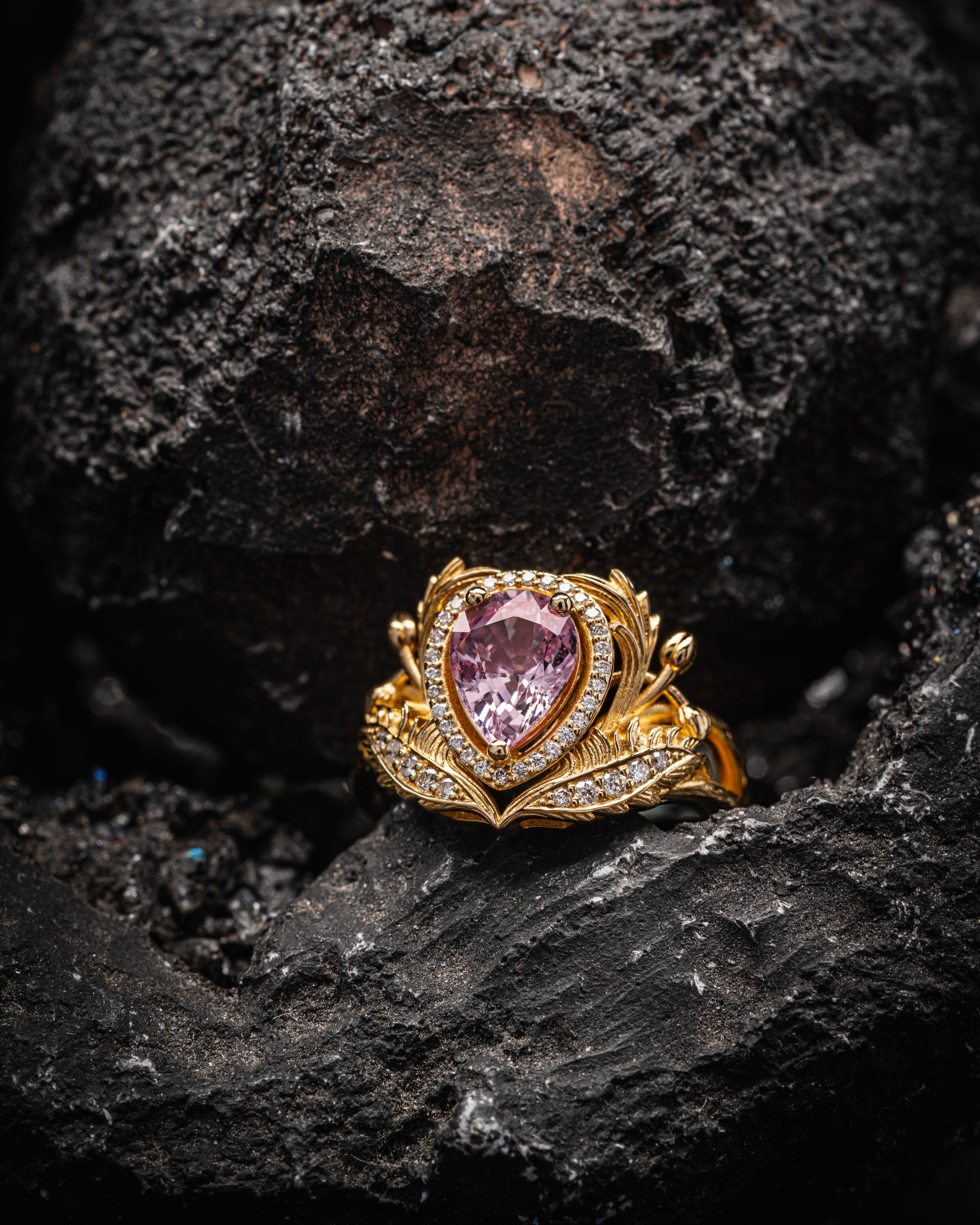 Pear pink sapphire engagement ring, gold nature inspired ring with diamond halo / Adonis halo - Eden Garden Jewelry™