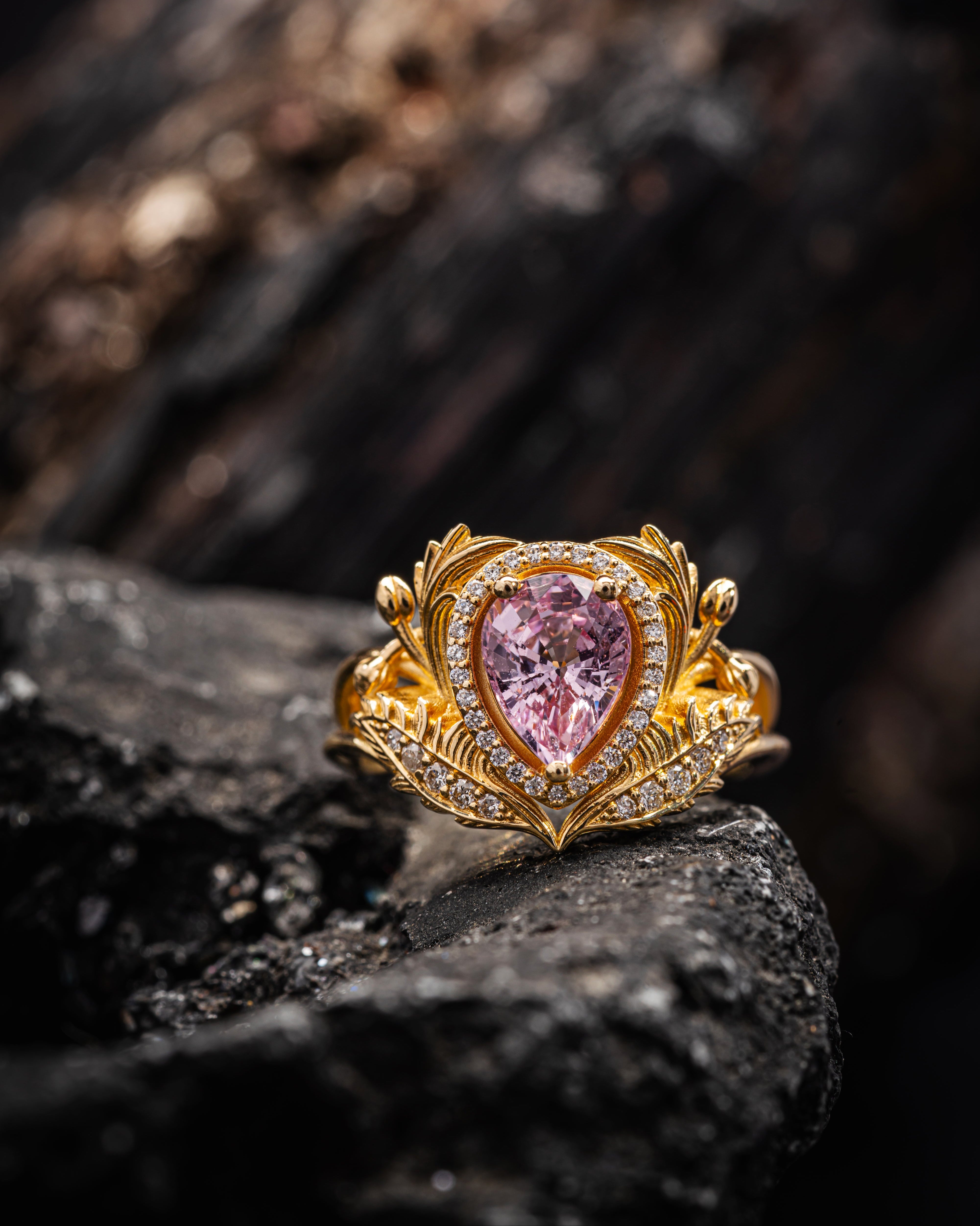 Pear pink sapphire engagement ring, gold nature inspired ring with diamond halo / Adonis halo - Eden Garden Jewelry™