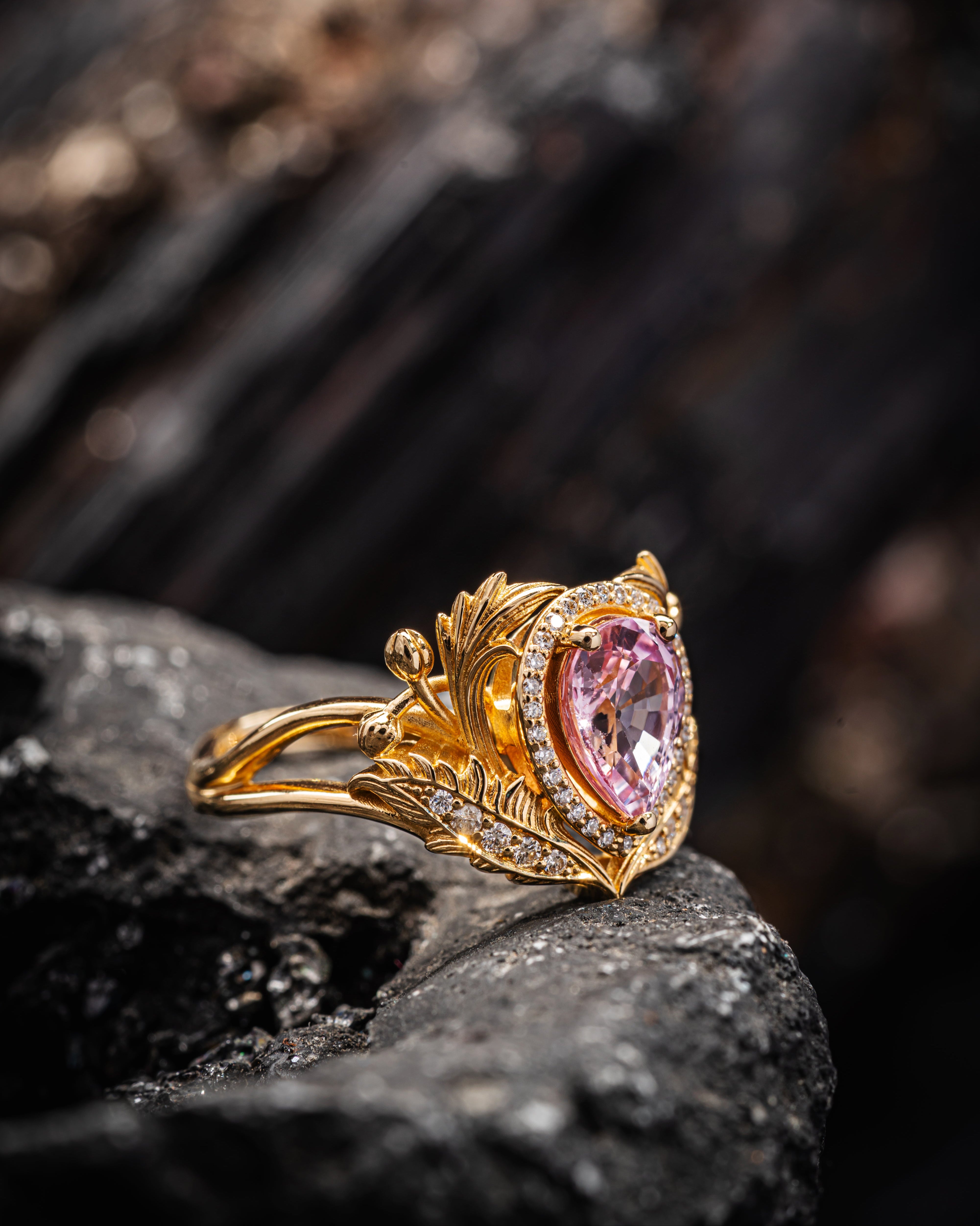 Pear pink sapphire engagement ring, gold nature inspired ring with diamond halo / Adonis halo - Eden Garden Jewelry™