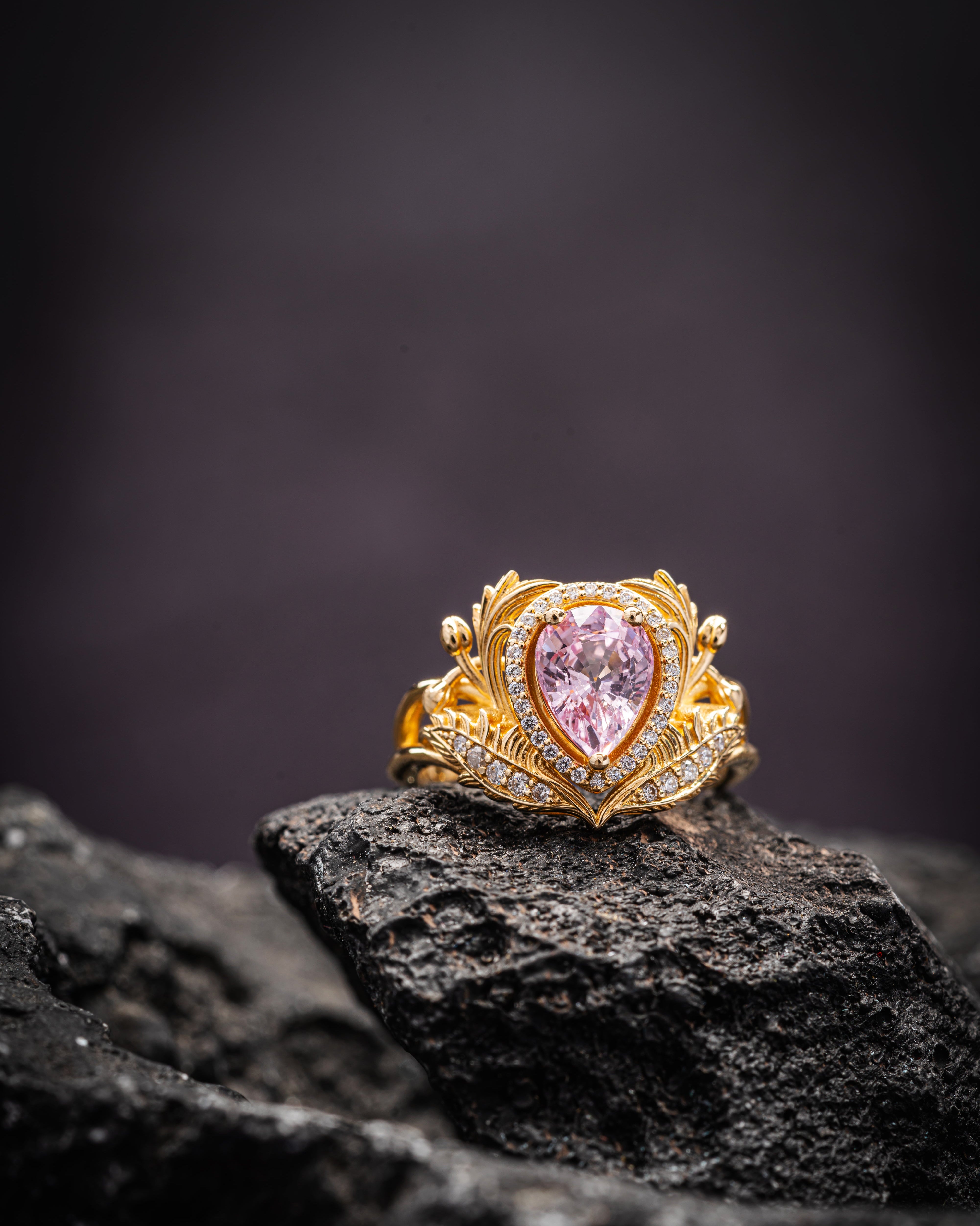Pear pink sapphire engagement ring, gold nature inspired ring with diamond halo / Adonis halo - Eden Garden Jewelry™