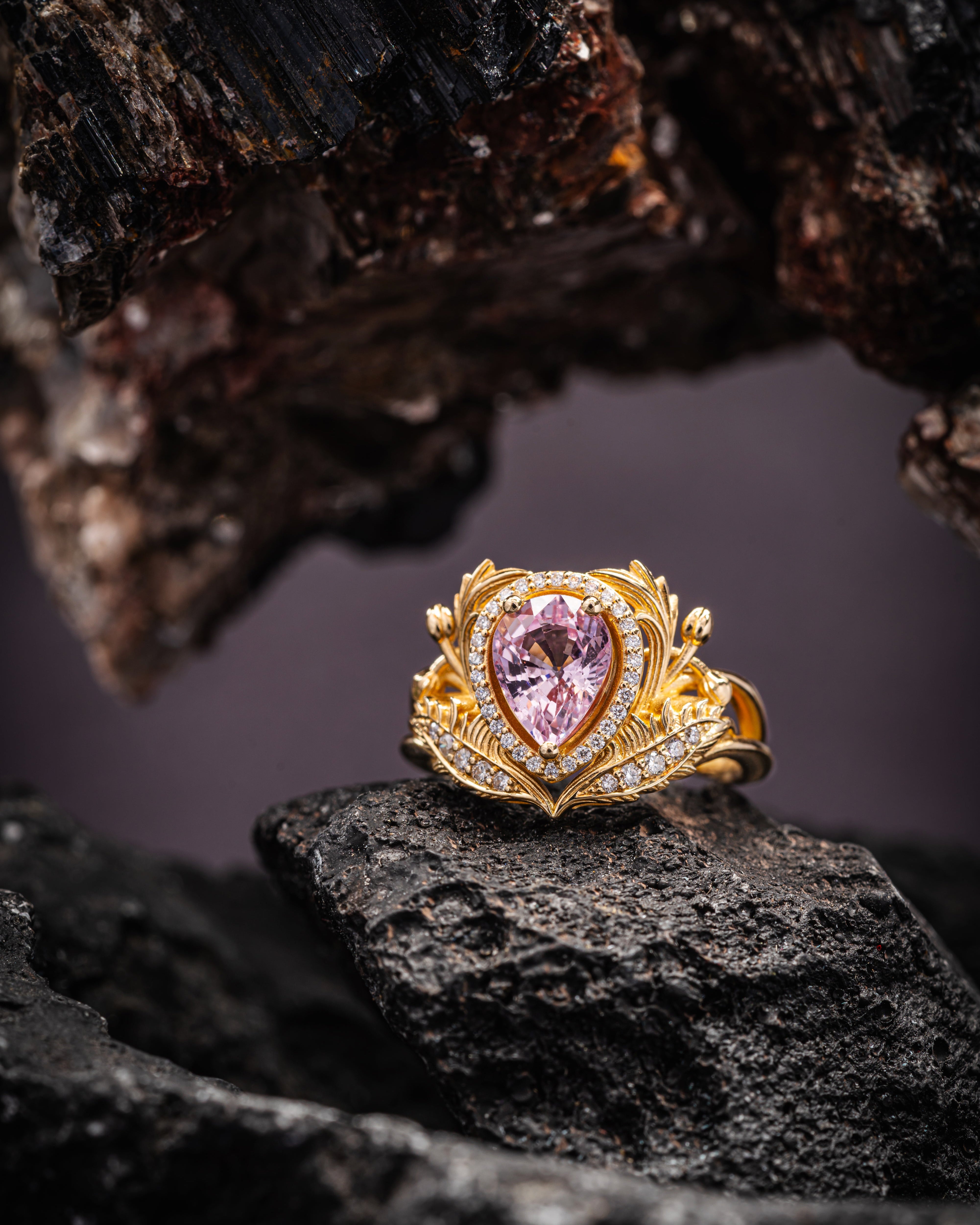 Pear pink sapphire engagement ring, gold nature inspired ring with diamond halo / Adonis halo - Eden Garden Jewelry™