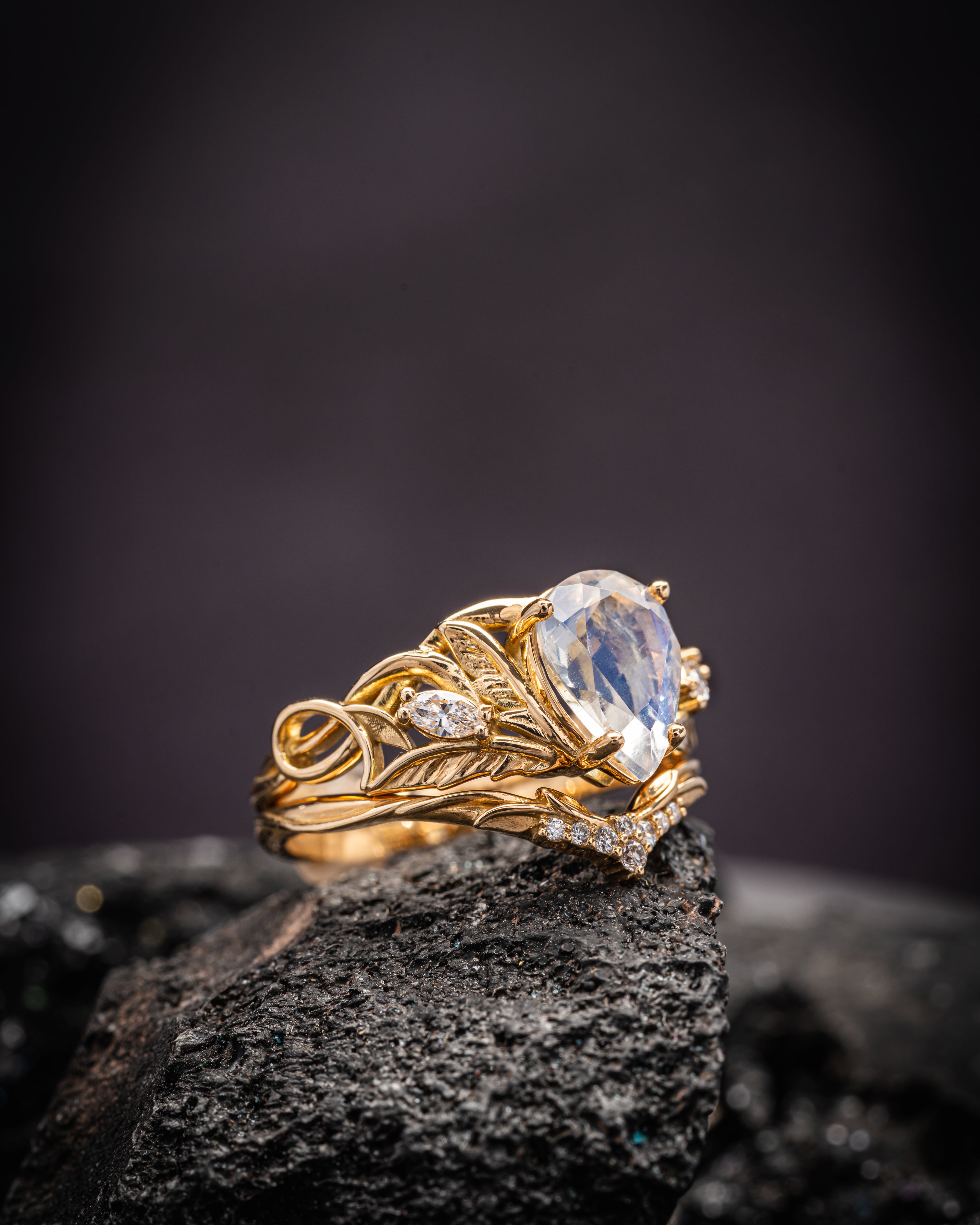 Mythology inspired engagement ring set with moonstone, big pear cut gemstone bridal ring set / Ikar - Eden Garden Jewelry™
