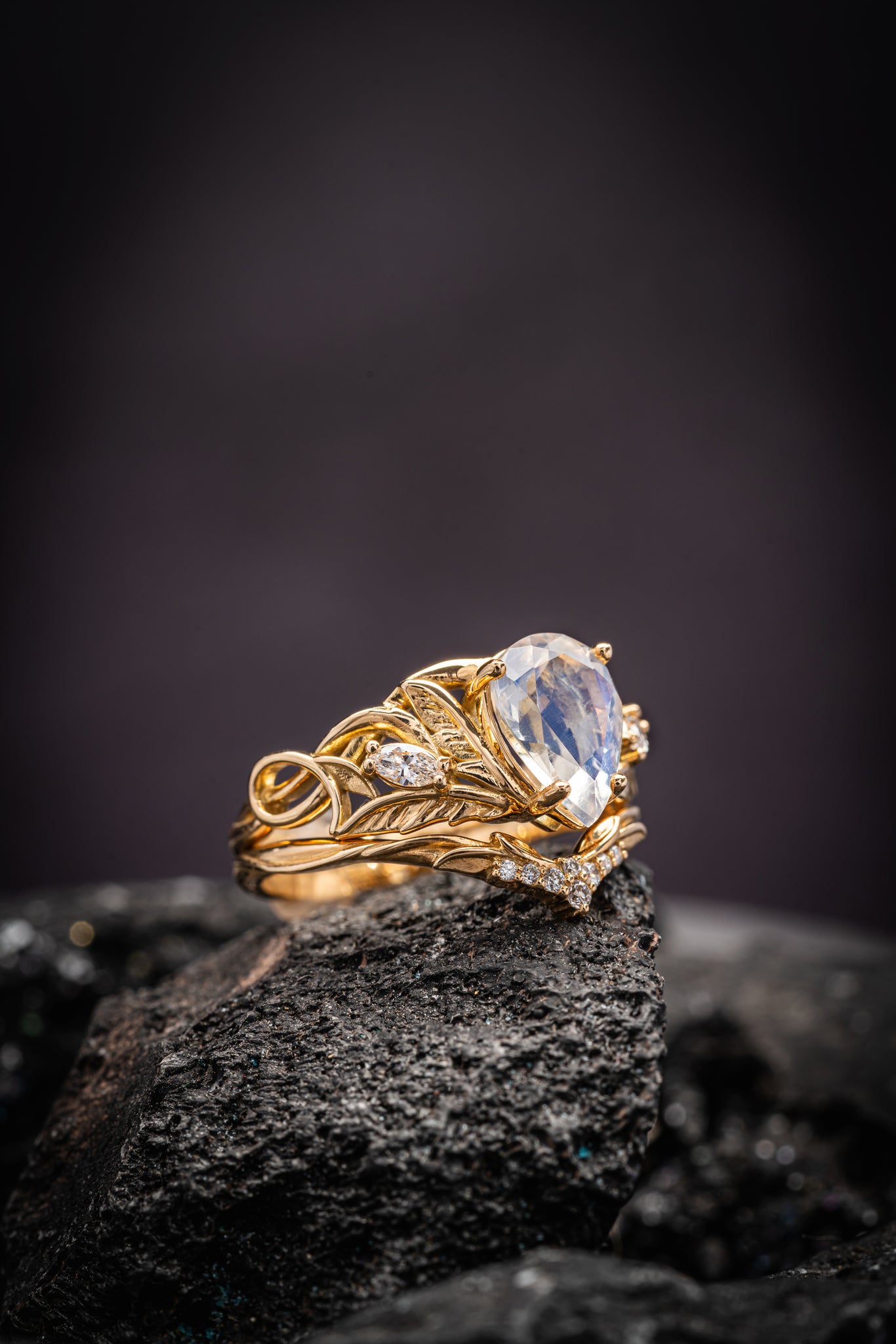 READY TO SHIP: Ikar ring set in 14K yellow gold, moonstone pear cut 10x7 mm, accent lab grown diamonds, AVAILABLE RING SIZES: 7US