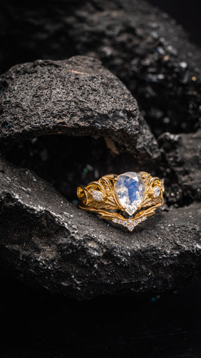 Mythology inspired engagement ring set with moonstone, big pear cut gemstone bridal ring set / Ikar - Eden Garden Jewelry™
