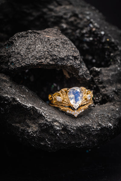Mythology inspired engagement ring set with moonstone, big pear cut gemstone bridal ring set / Ikar - Eden Garden Jewelry™