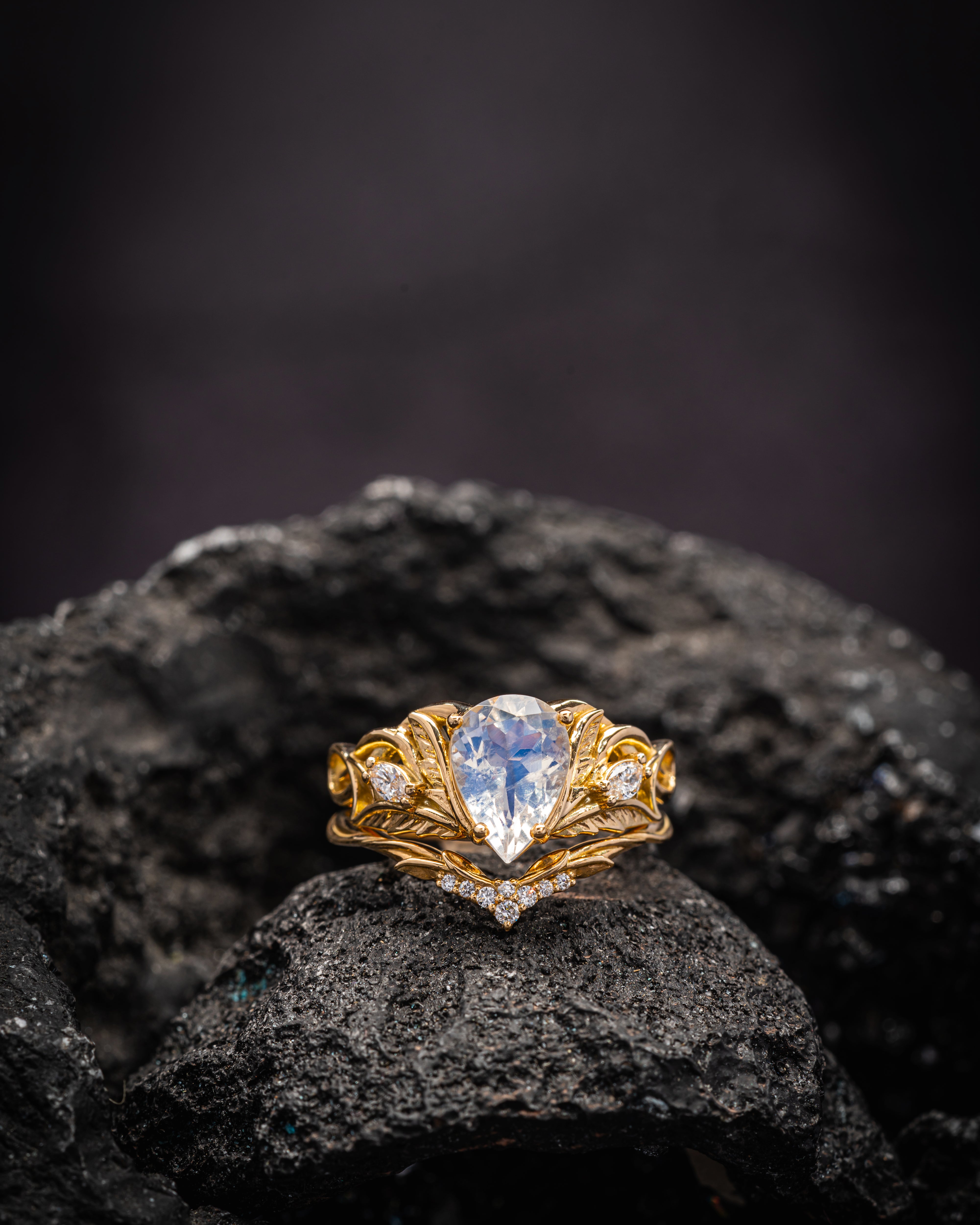Mythology inspired engagement ring set with moonstone, big pear cut gemstone bridal ring set / Ikar - Eden Garden Jewelry™