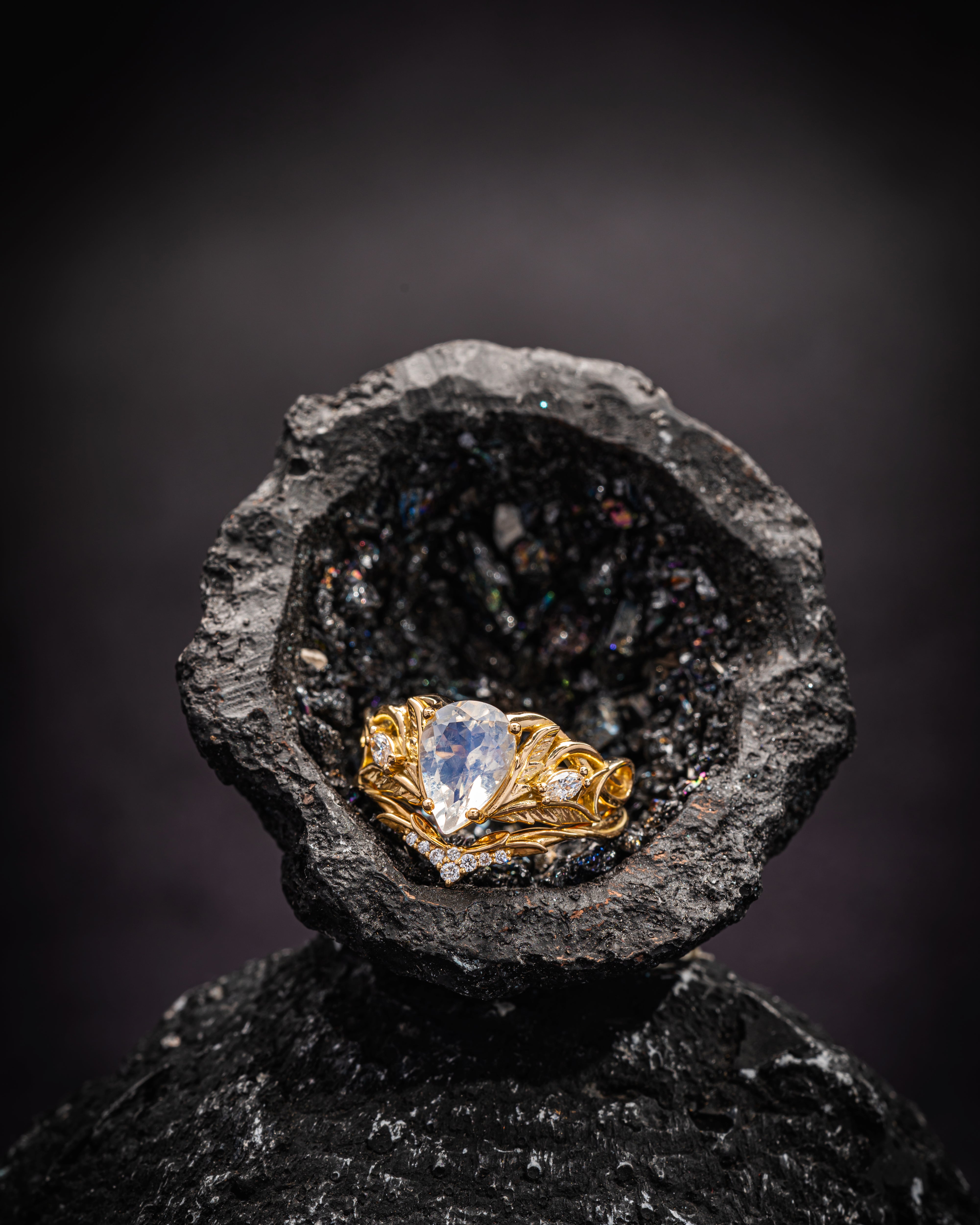 Mythology inspired engagement ring set with moonstone, big pear cut gemstone bridal ring set / Ikar - Eden Garden Jewelry™