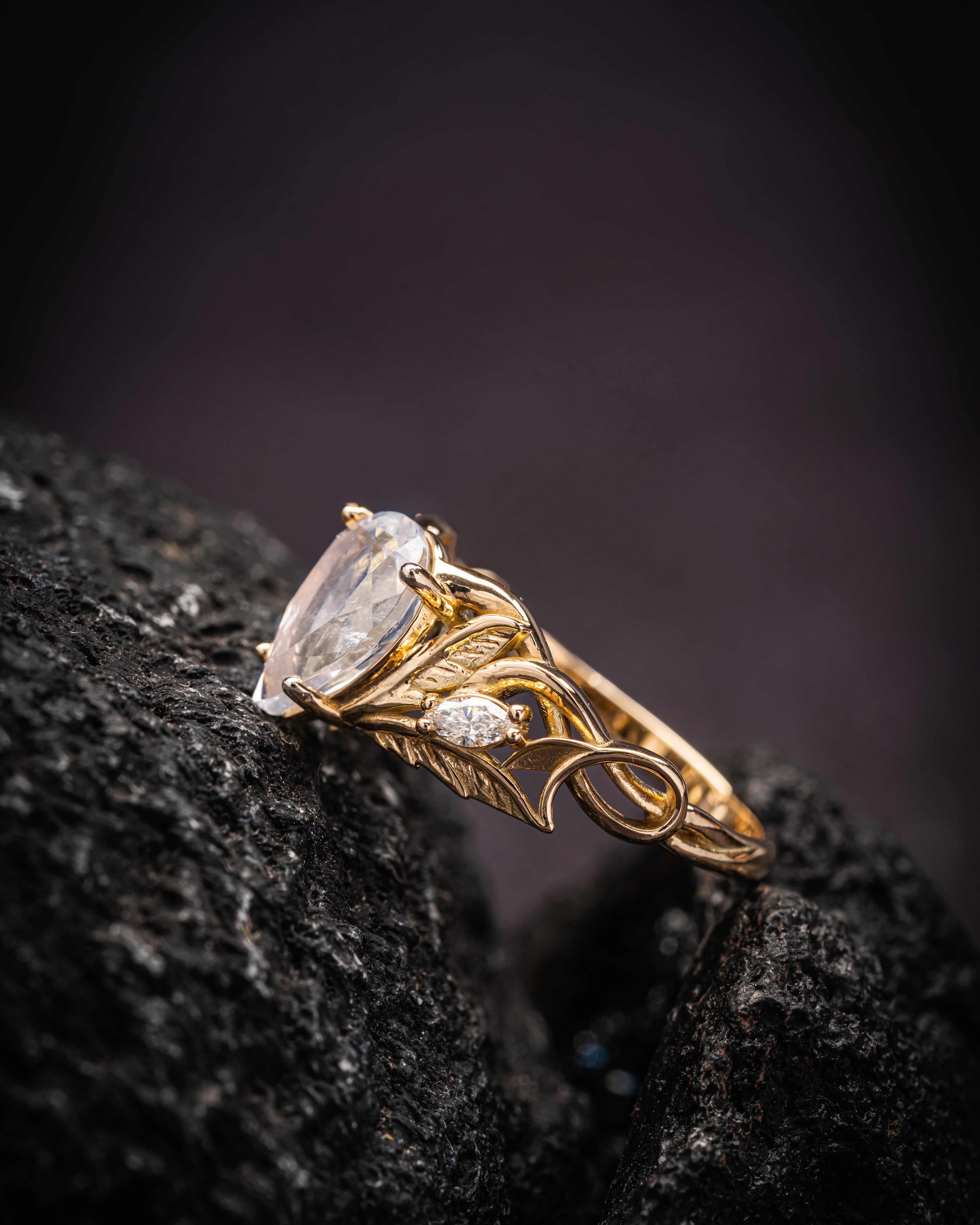 Mythology inspired engagement ring set with moonstone, big pear cut gemstone bridal ring set / Ikar - Eden Garden Jewelry™