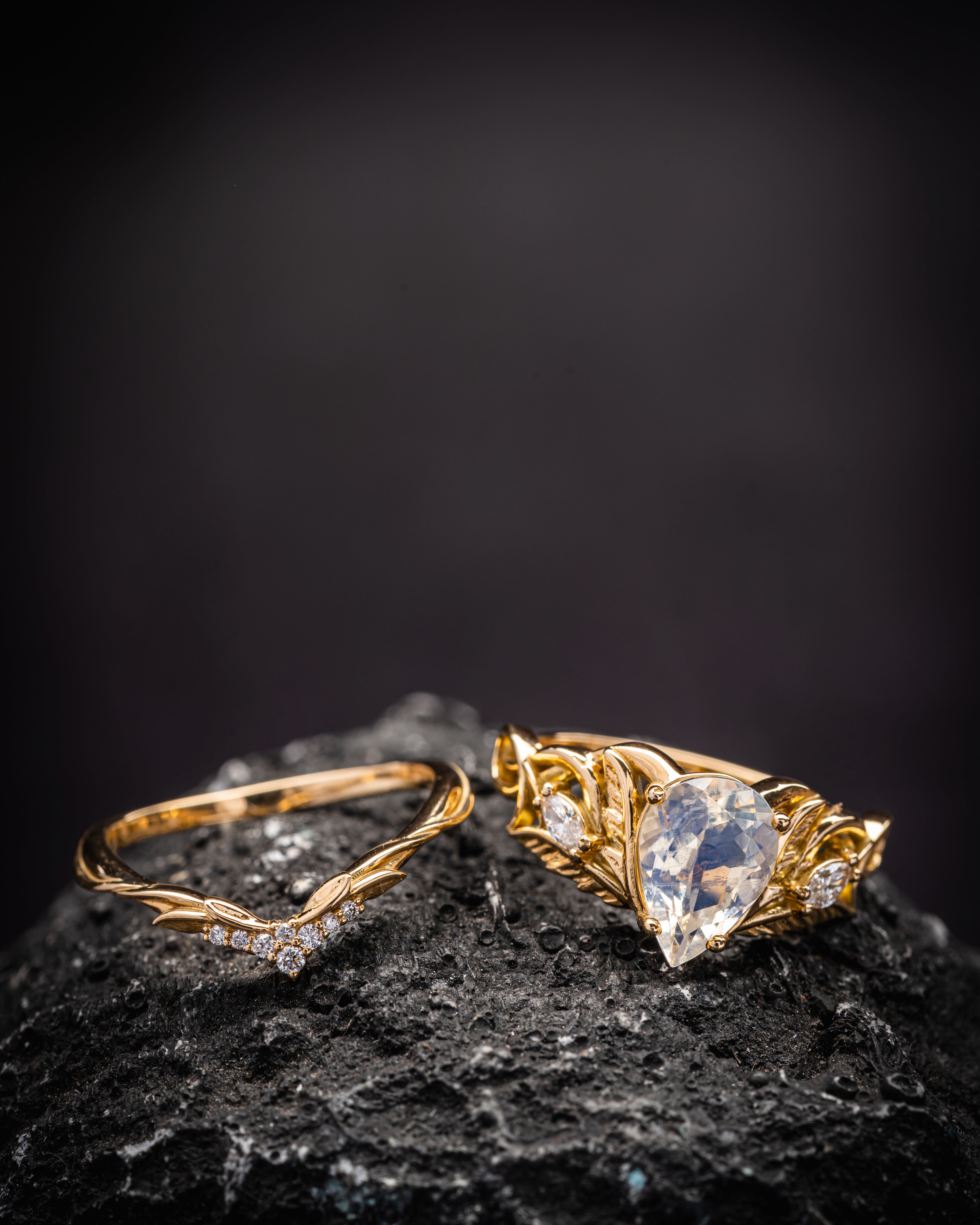Mythology inspired engagement ring set with moonstone, big pear cut gemstone bridal ring set / Ikar - Eden Garden Jewelry™