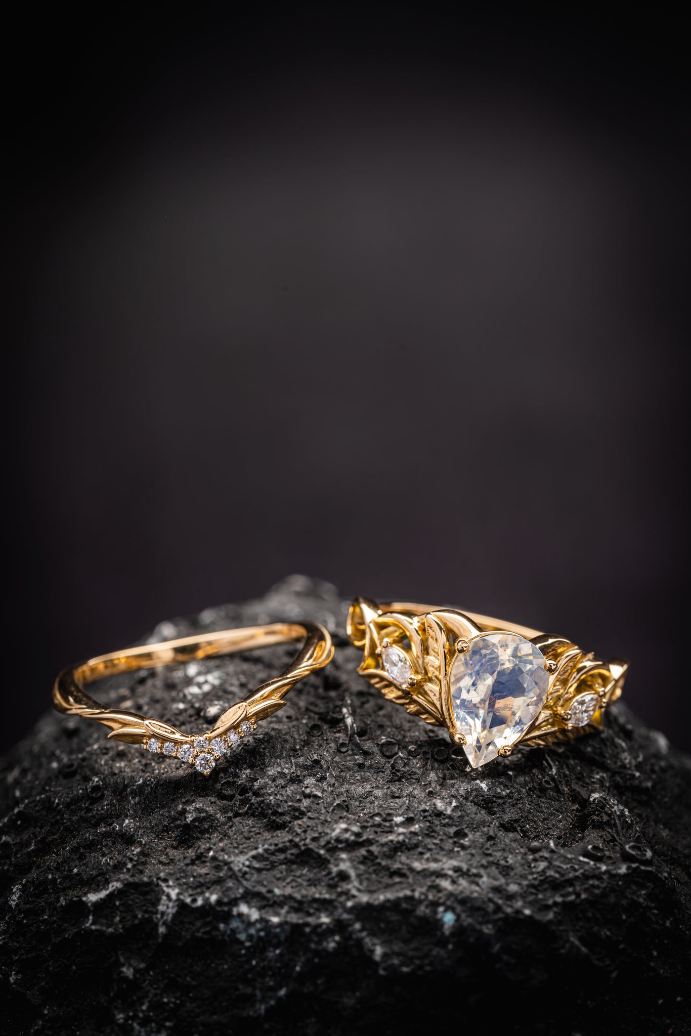 READY TO SHIP: Ikar ring set in 14K yellow gold, moonstone pear cut 10x7 mm, accent lab grown diamonds, AVAILABLE RING SIZES: 7US