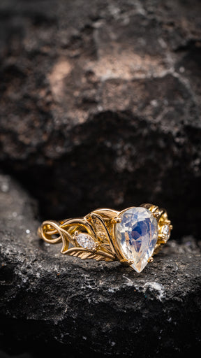 Big teardrop moonstone engagement ring, nature themed proposal ring / Ikar - Eden Garden Jewelry™