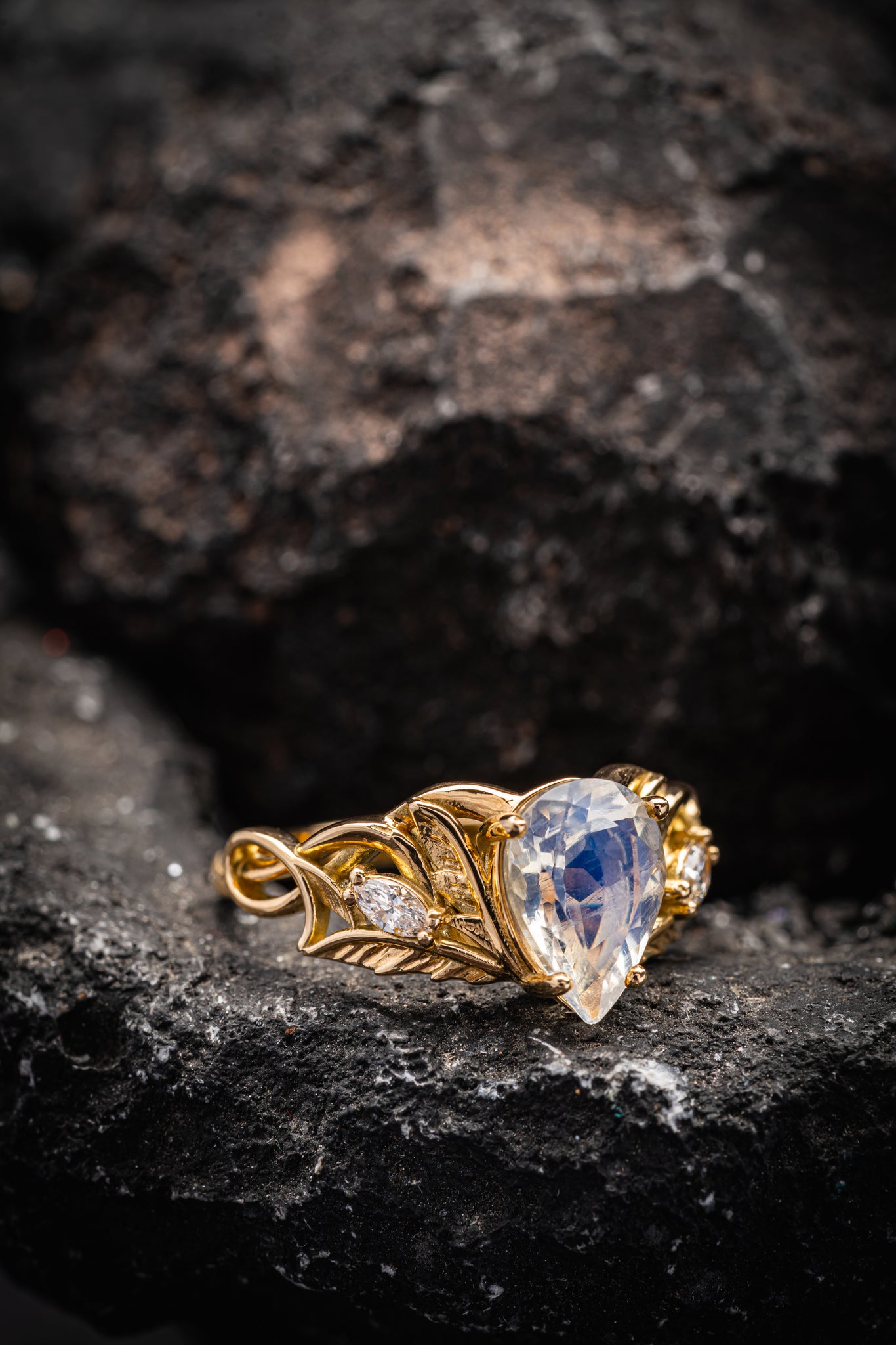 READY TO SHIP: Ikar ring in 14K yellow gold, moonstone pear cut 10x7 mm, accent lab grown diamonds, AVAILABLE RING SIZES: 7US