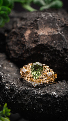 Magical peridot engagement ring set with a wedding band for a druid bride / Ikar - Eden Garden Jewelry™