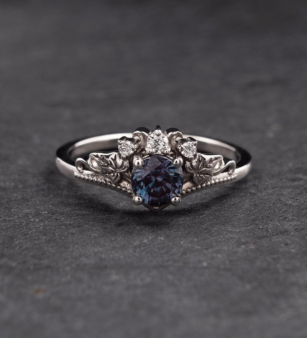 READY TO SHIP: Ariadne engagement ring, 14K white gold, lab alexandrite, round-cut 5mm, accent moissanites, AVAILABLE RING SIZES: 8.5 -11 US - Eden Garden Jewelry™