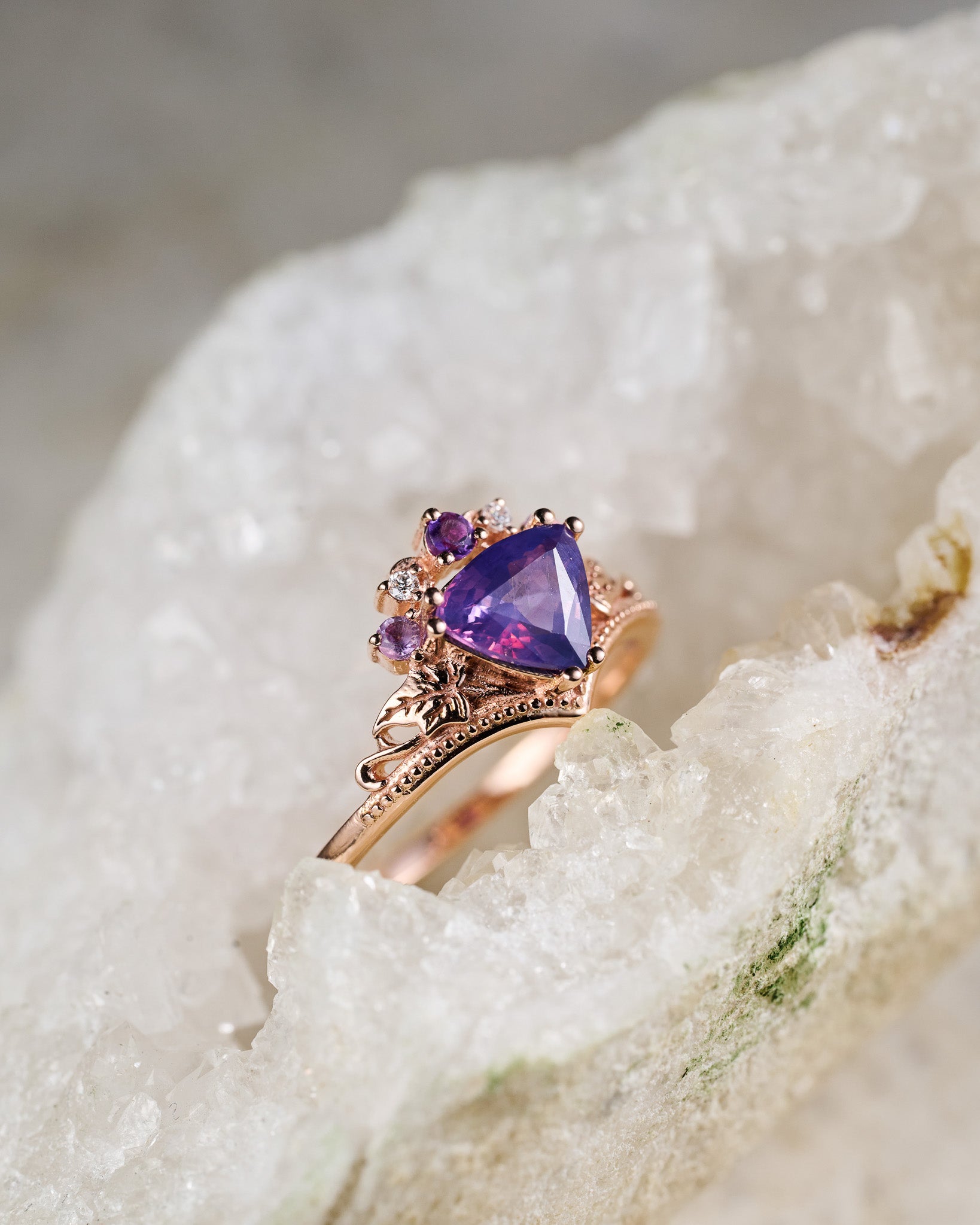 READY TO SHIP: Ariadne bridal set in 14K rose gold, natural purple sapphire, accent amethysts and lab diamonds, AVAILABLE RING SIZES: 5.5 - 8.5 US - Eden Garden Jewelry™