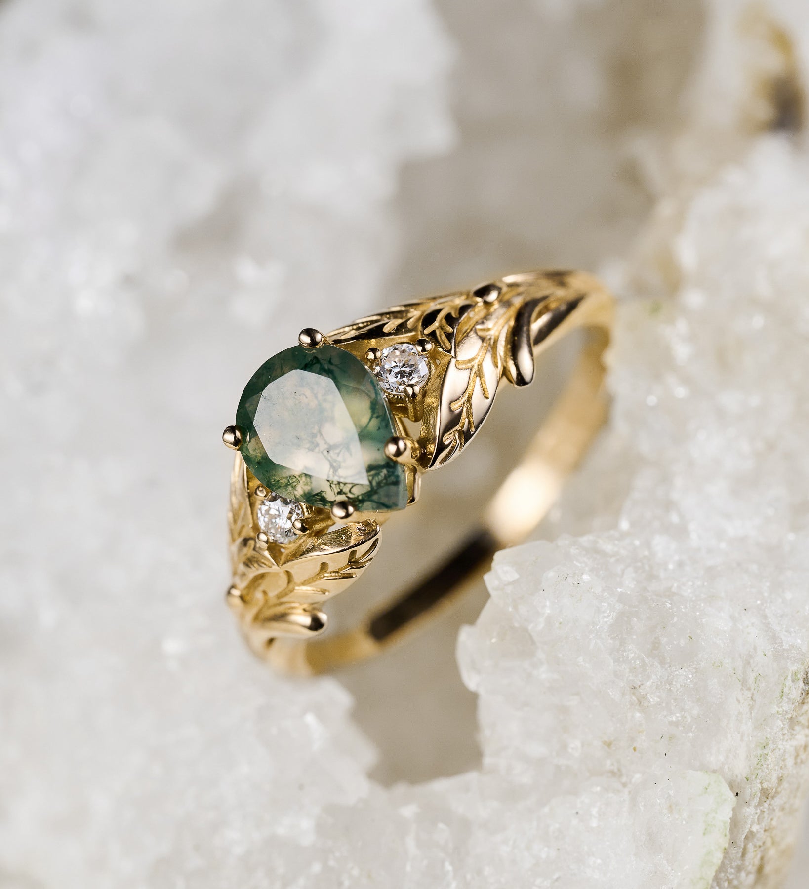 READY TO SHIP: Wisteria engagement ring with moss agate and diamonds, 14K yellow gold,  AVAILABLE RING SIZE: 5.5 - 9.5 US - Eden Garden Jewelry™