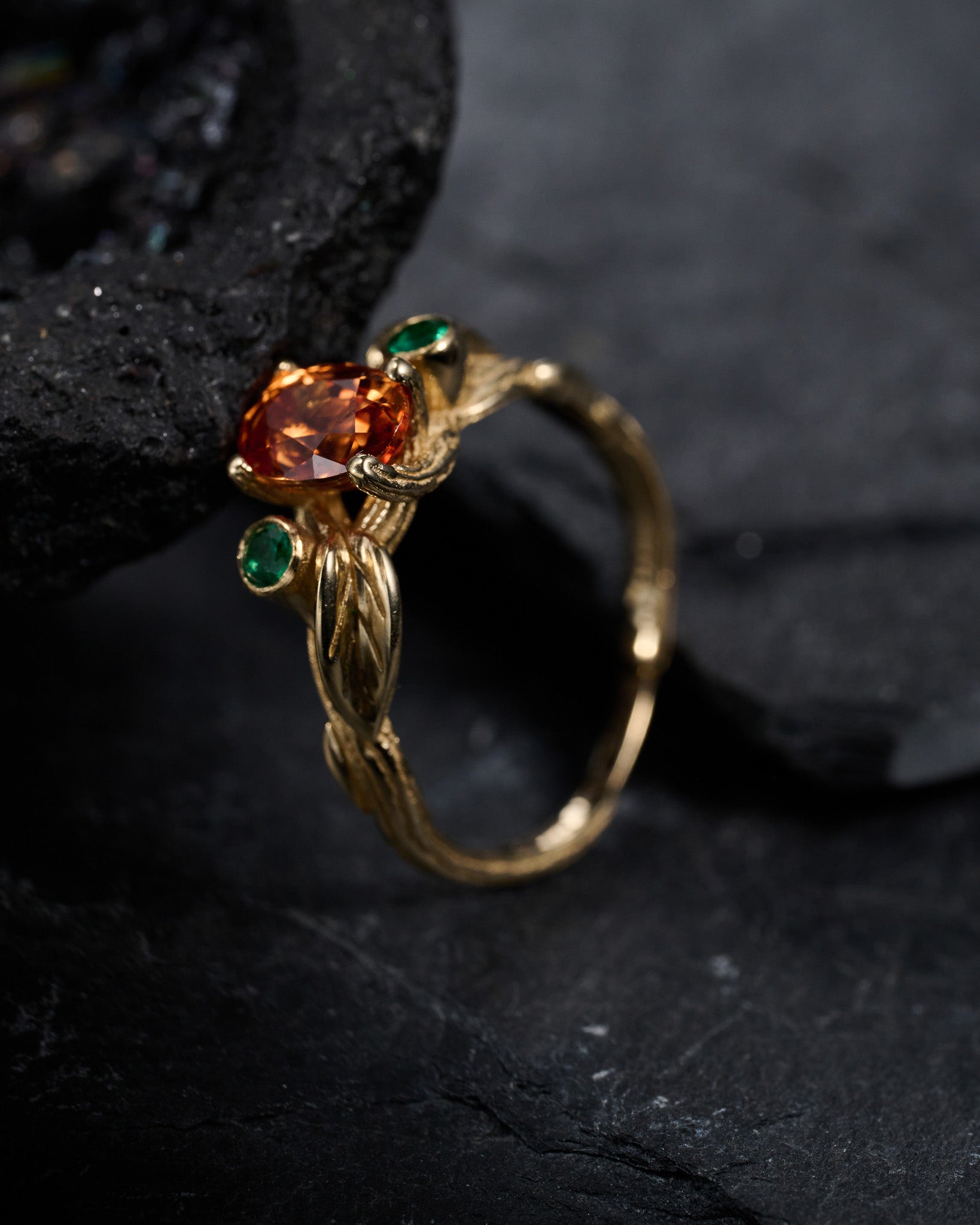Genuine orange sapphire and natural emeralds branch engagement ring / Arius - Eden Garden Jewelry™
