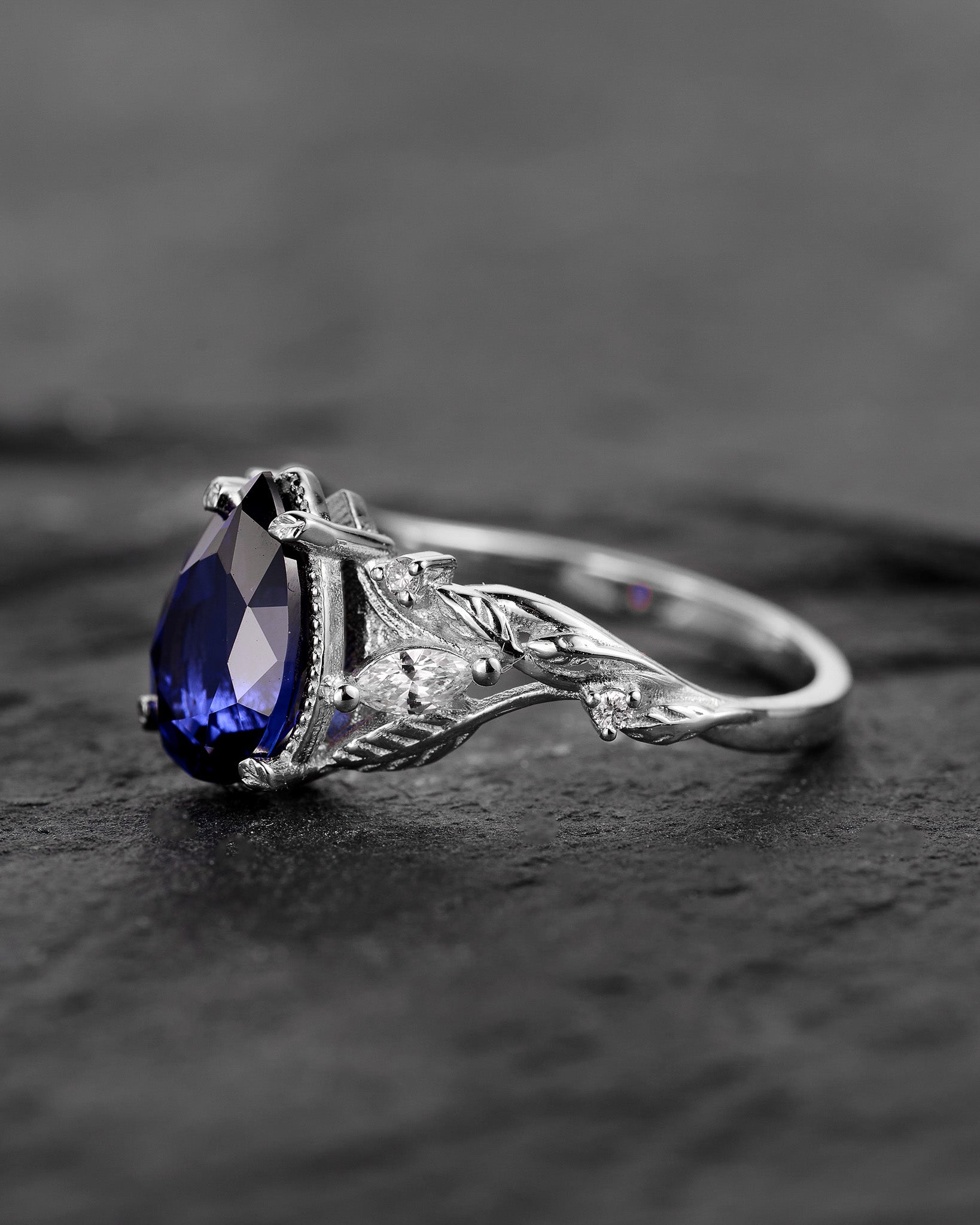 Pear sapphire twig engagement ring, royal blue lab sapphire proposal ring with diamonds / Patricia symmetric - Eden Garden Jewelry™