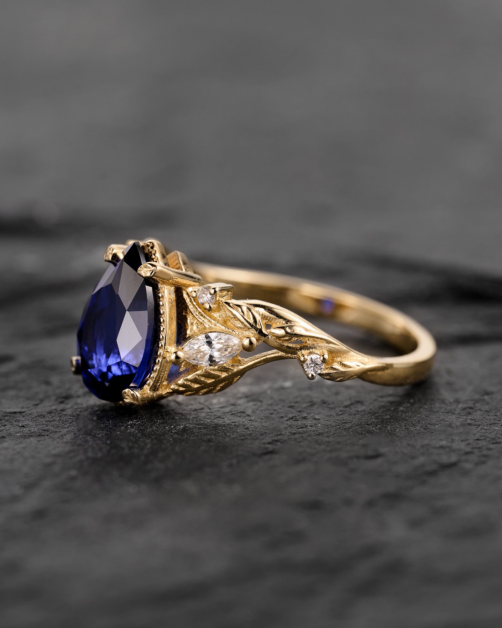 Pear sapphire twig engagement ring, royal blue lab sapphire proposal ring with diamonds / Patricia symmetric - Eden Garden Jewelry™