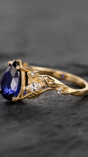 Pear sapphire twig engagement ring, royal blue lab sapphire proposal ring with diamonds / Patricia symmetric - Eden Garden Jewelry™