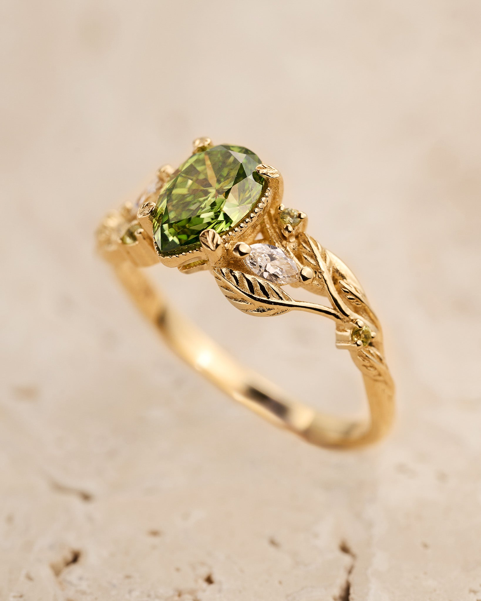 Green lab grown diamond engagement ring, nature inspired ring with leaves and diamonds / Patricia - Eden Garden Jewelry™