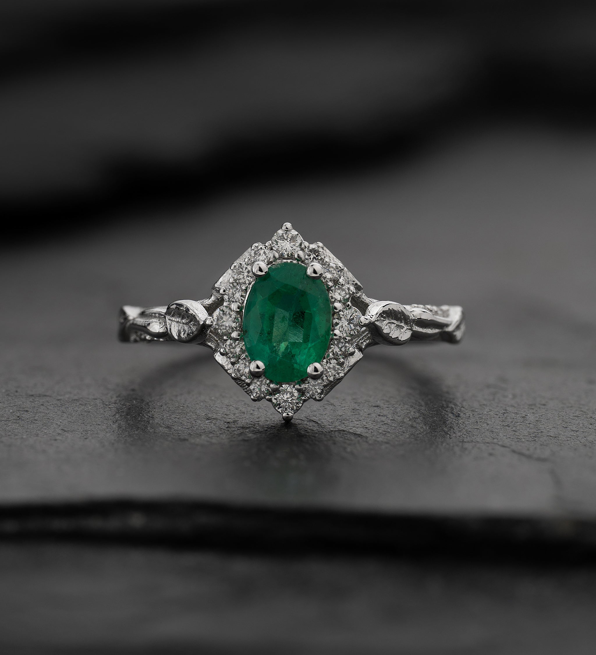 READY TO SHIP: Florentina ring in 14K white gold, natural emerald, oval cut 7x5 mm, with lab grown diamonds, AVAILABLE RING SIZE: 5.5 - 8.5 US - Eden Garden Jewelry™
