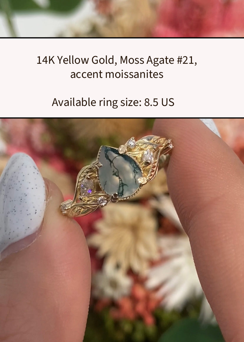 READY TO SHIP: Patricia ring in 14K or 18K yellow gold, natural moss agate pear cut 8x6 mm, accent moissanites, AVAILABLE RING SIZES: 5.5 - 8.5 US