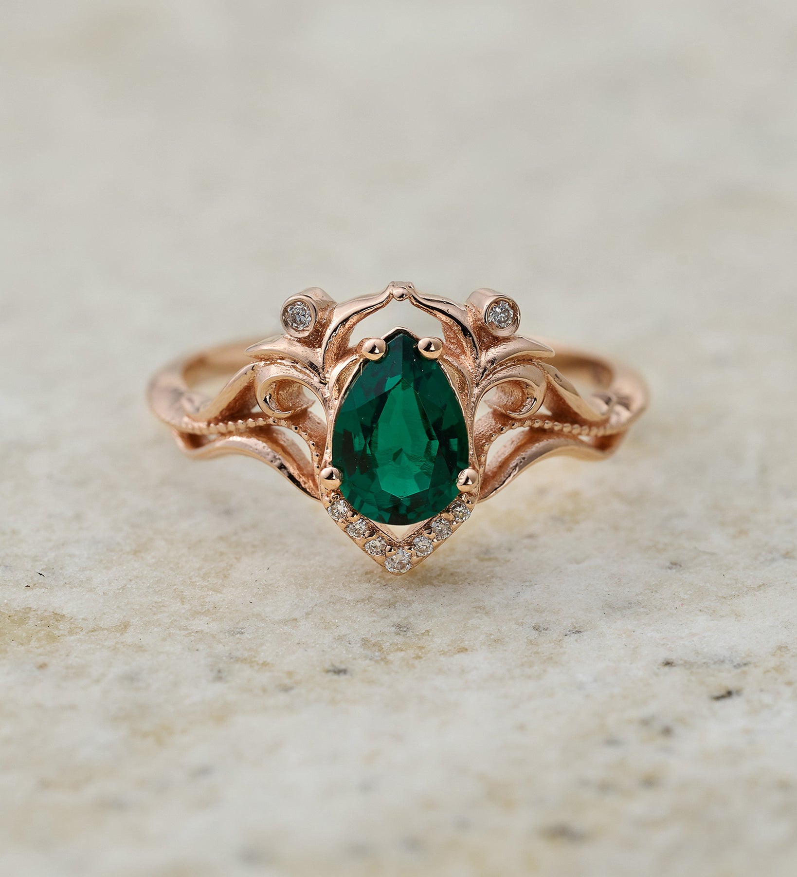 Lab emerald and diamonds engagement ring / Lida small - Eden Garden Jewelry™