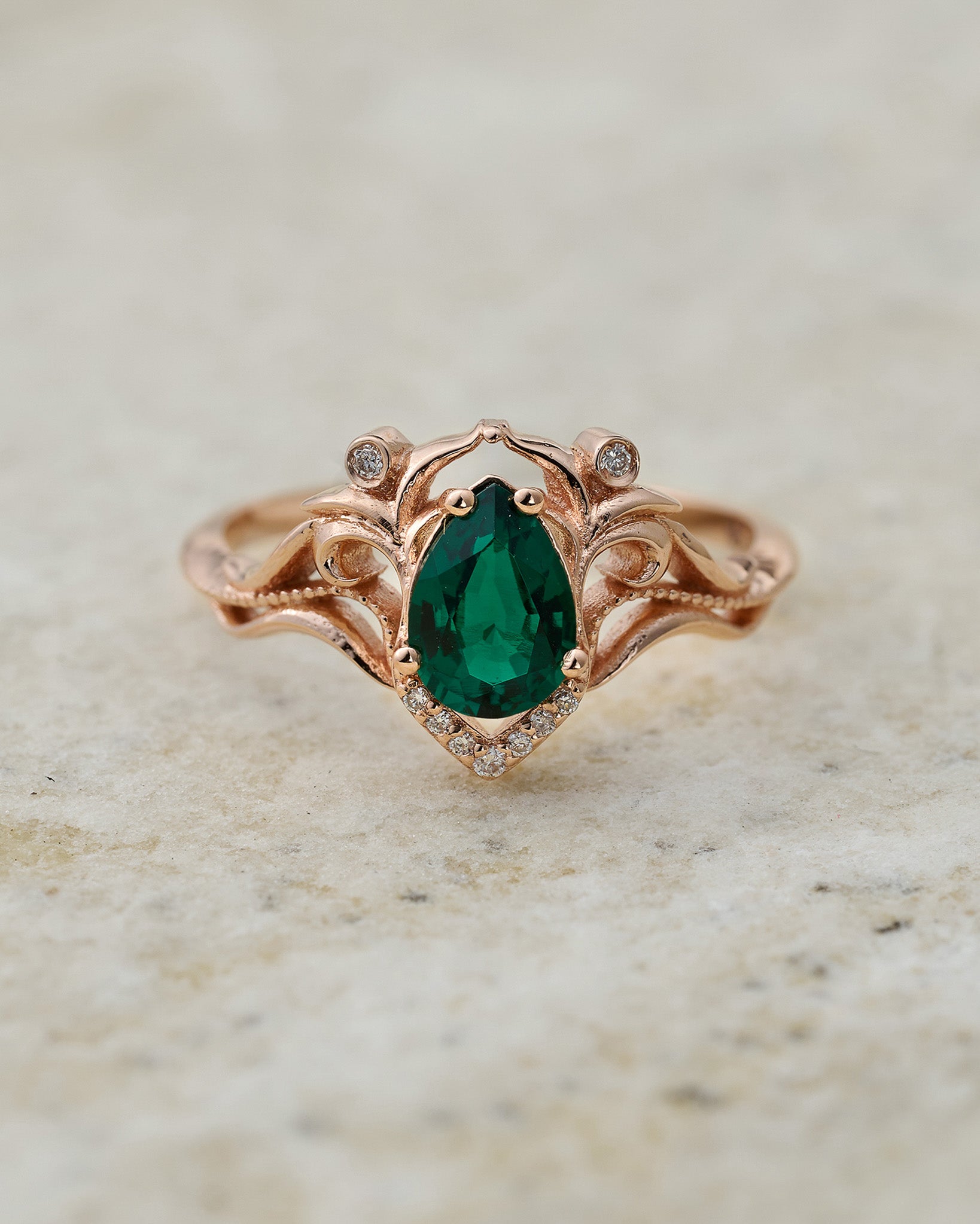 Lab emerald and diamonds engagement ring / Lida small - Eden Garden Jewelry™