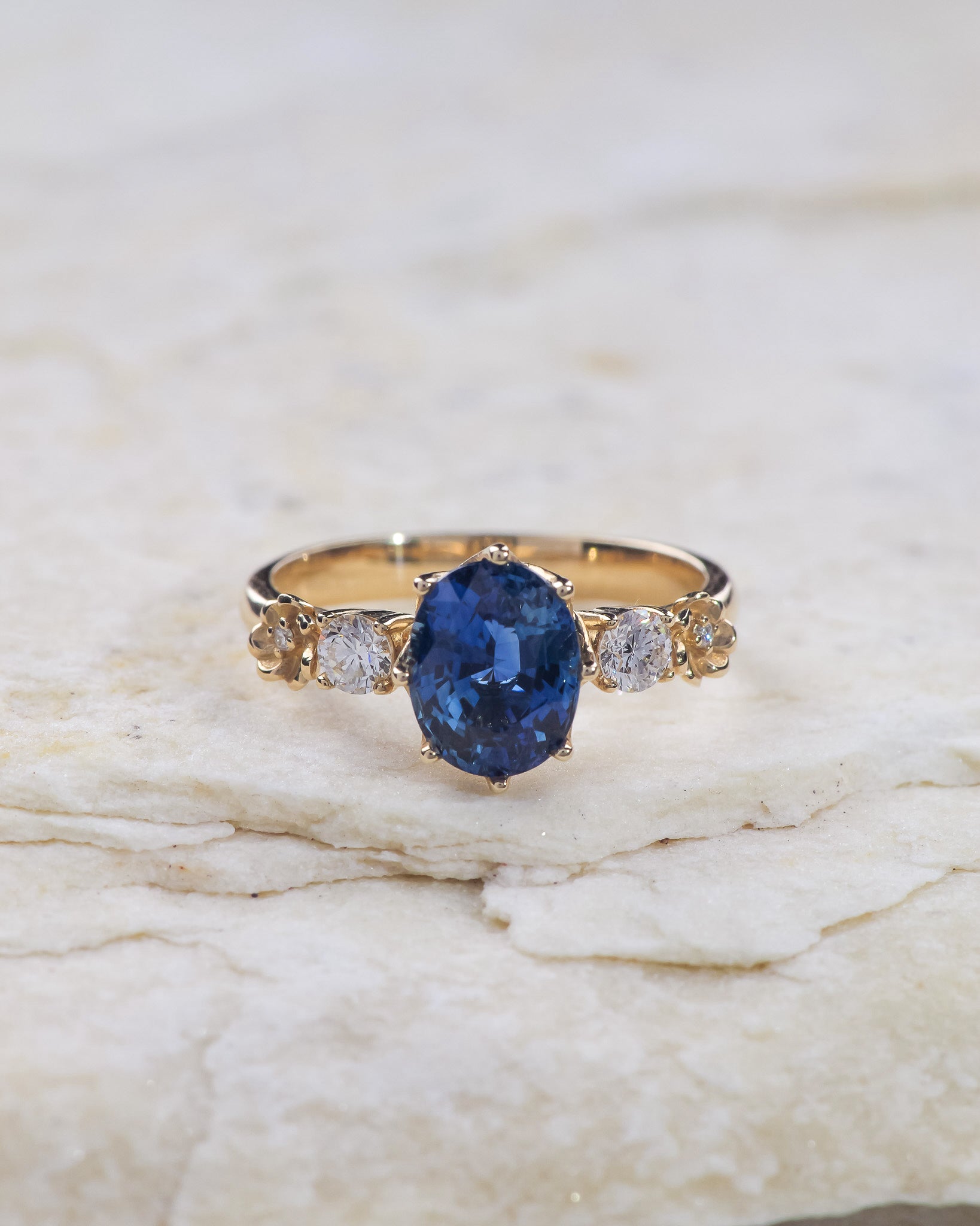 READY TO SHIP: Fiorella engagement ring in 14K yellow gold, natural blue sapphire oval cut 8x6 mm, accent lab grown diamonds, RING SIZE: 5.5 - 8.5 US - Eden Garden Jewelry™