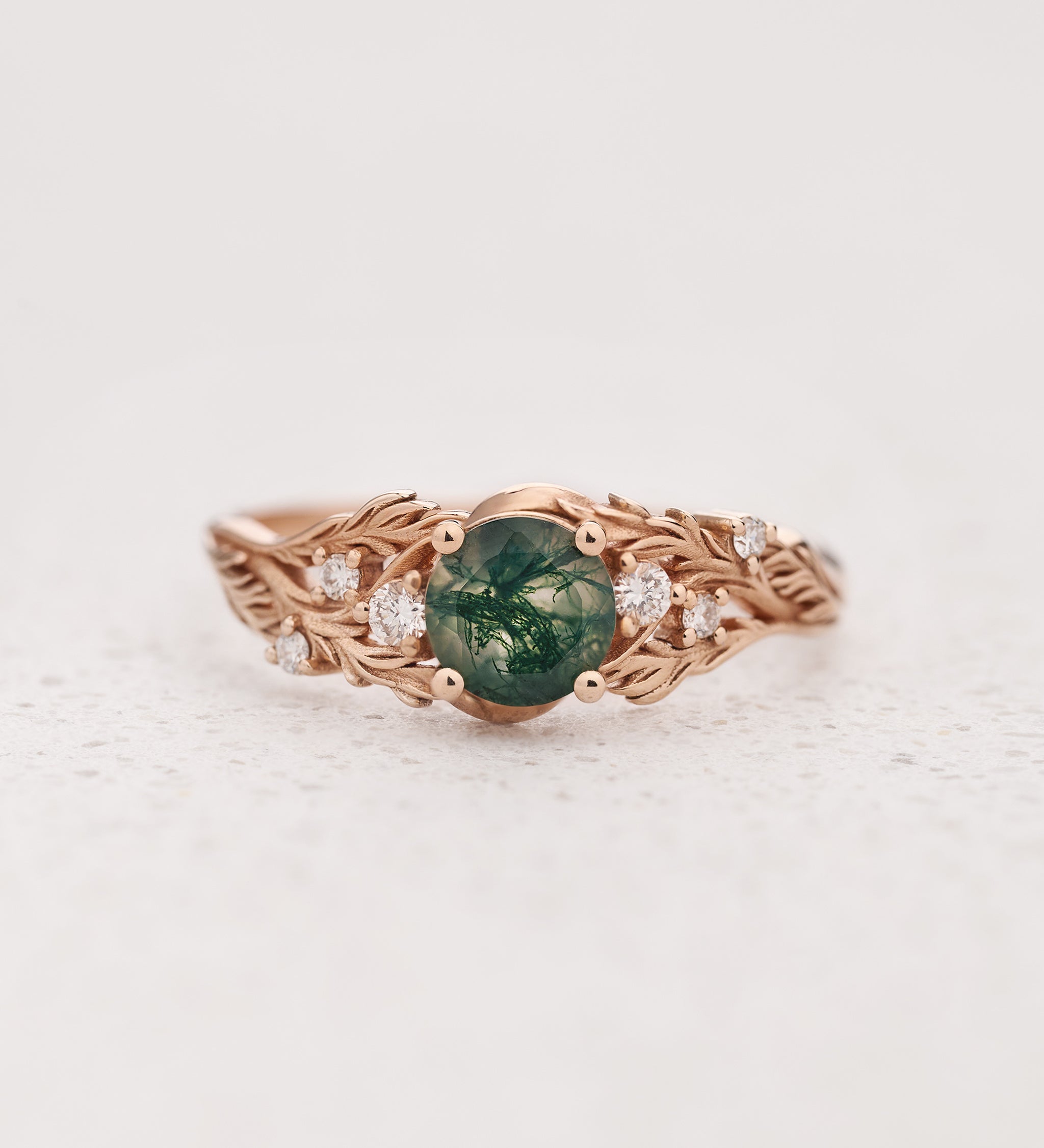 READY TO SHIP: Japanese Maple engagement ring with moss agate and diamonds, 14K rose gold, AVAILABLE RING SIZES: 7.5 - 10.5 US - Eden Garden Jewelry™