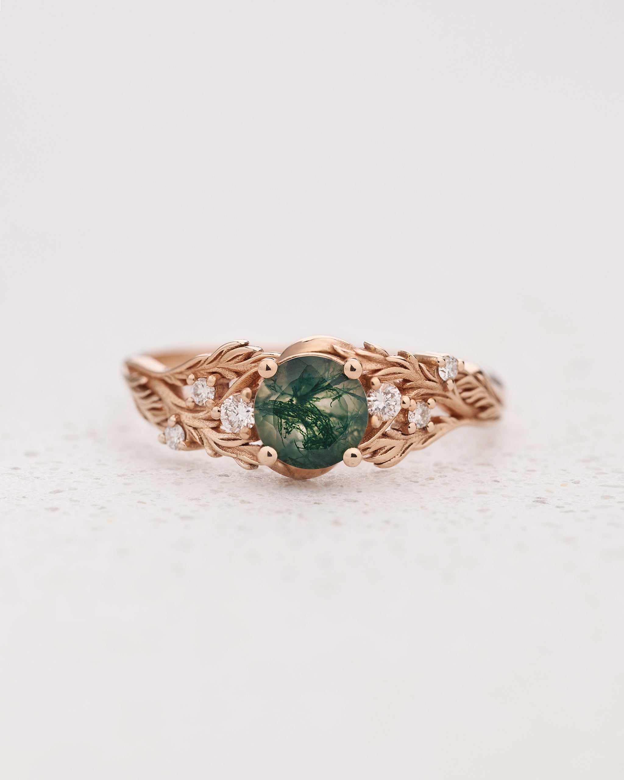 READY TO SHIP: Japanese Maple engagement ring with moss agate and diamonds, 14K rose gold, AVAILABLE RING SIZES: 7.5 - 10.5 US - Eden Garden Jewelry™