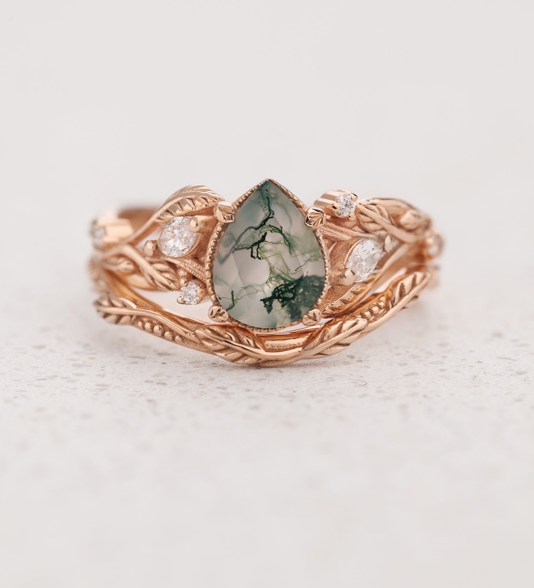 READY TO SHIP: Patricia bridal set with moss agate and diamonds, 14K rose gold, AVAILABLE RING SIZES: 5 - 8 US - Eden Garden Jewelry™