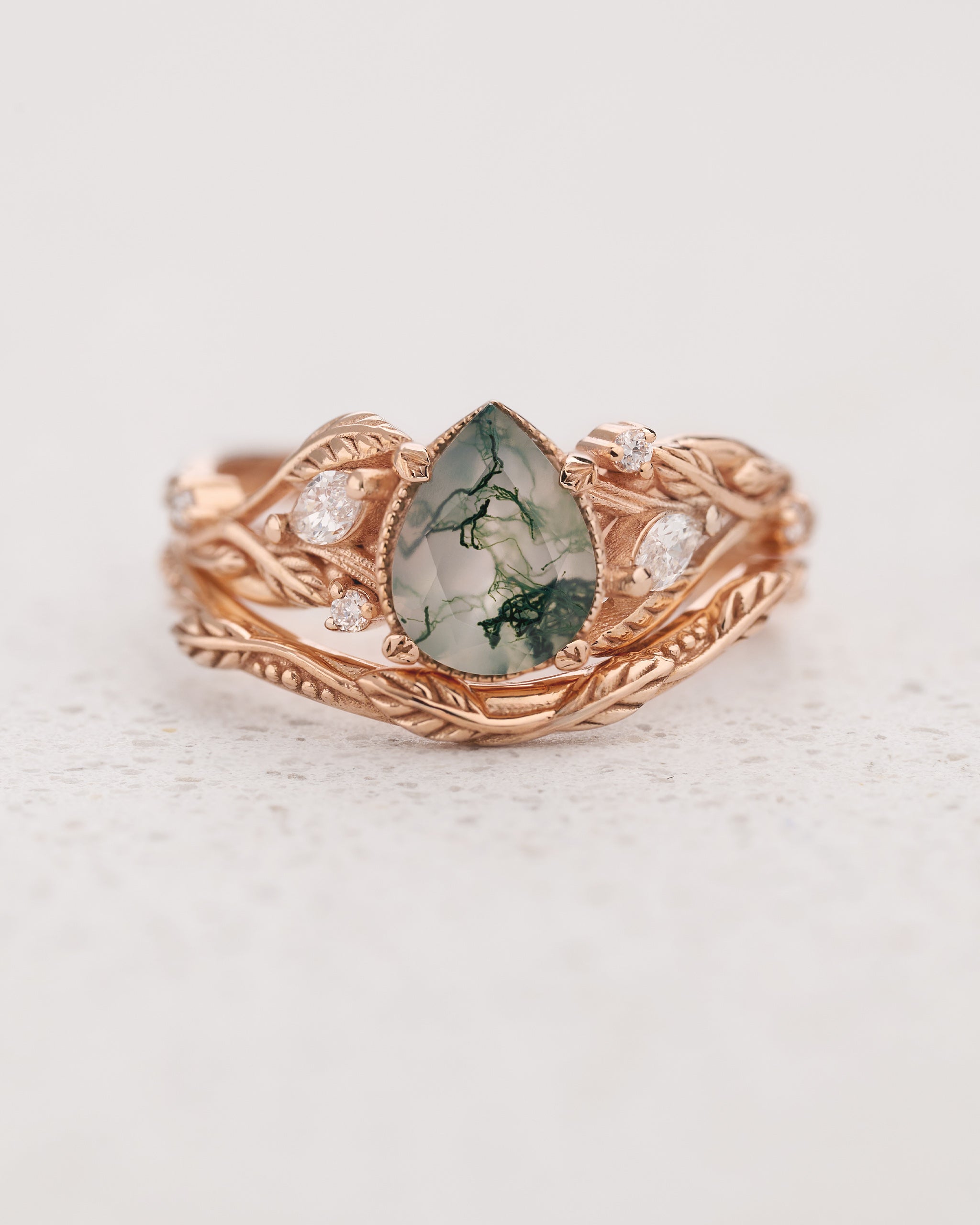 READY TO SHIP: Patricia bridal set with moss agate and diamonds, 14K rose gold, AVAILABLE RING SIZES: 5 - 8 US - Eden Garden Jewelry™