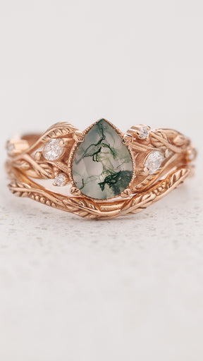READY TO SHIP: Patricia bridal set with moss agate and diamonds, 14K rose gold, AVAILABLE RING SIZES: 5 - 8 US - Eden Garden Jewelry™