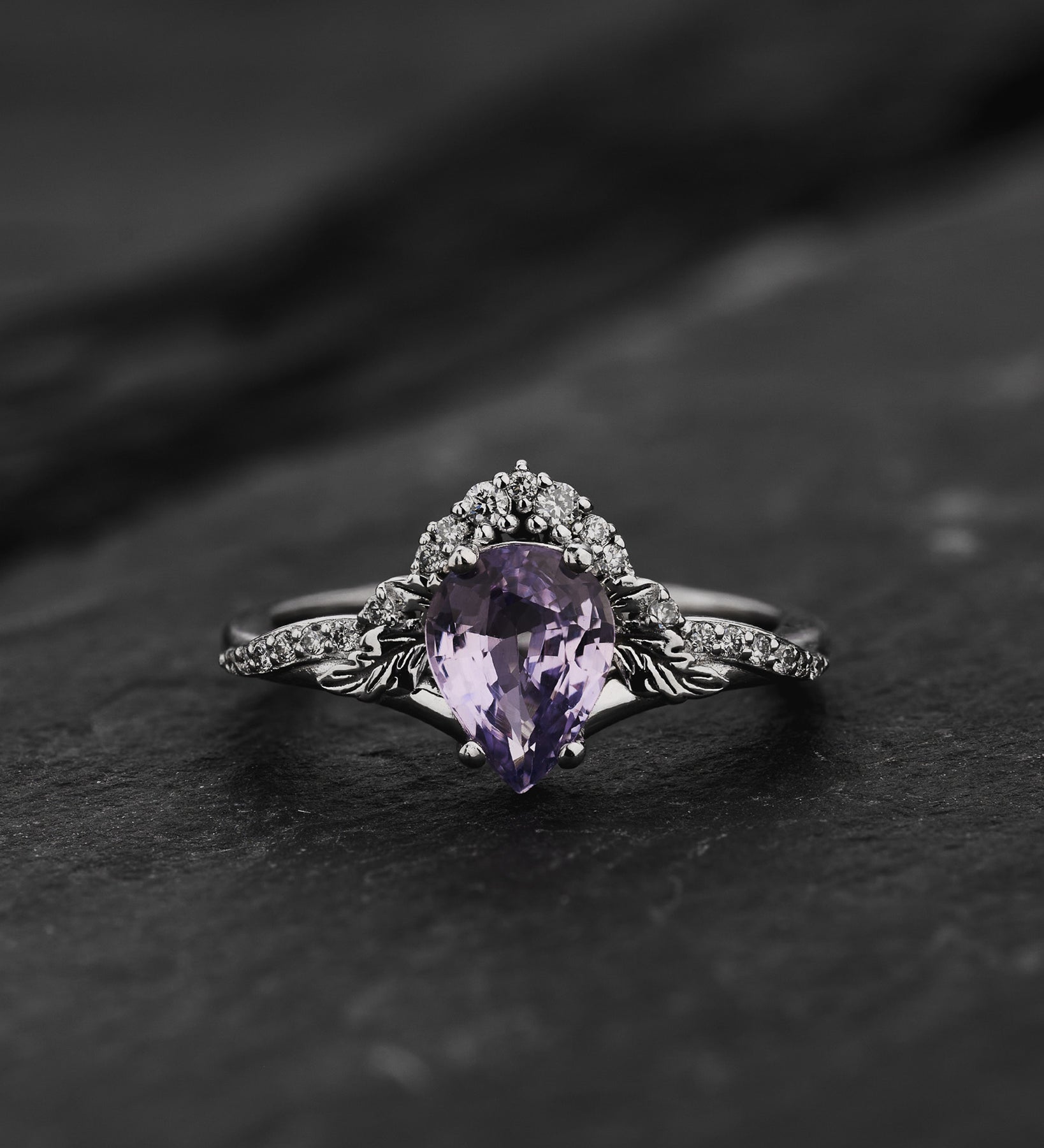Engagement Ring with Pear-Cut Lavender Sapphire and Nature Motif / Amelia - Eden Garden Jewelry™
