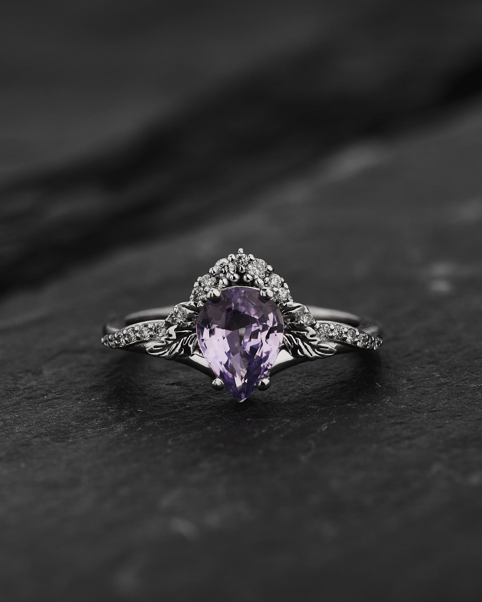 Engagement Ring with Pear-Cut Lavender Sapphire and Nature Motif / Amelia - Eden Garden Jewelry™