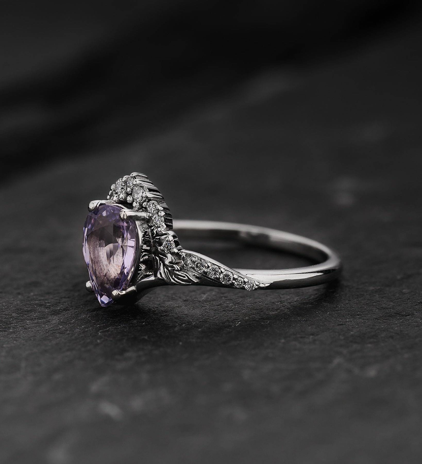 Engagement Ring with Pear-Cut Lavender Sapphire and Nature Motif / Amelia - Eden Garden Jewelry™